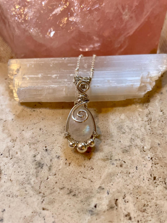 Rainbow Moonstone Silver necklace, Goddess Gift for her, Wire wrap, June Birthday