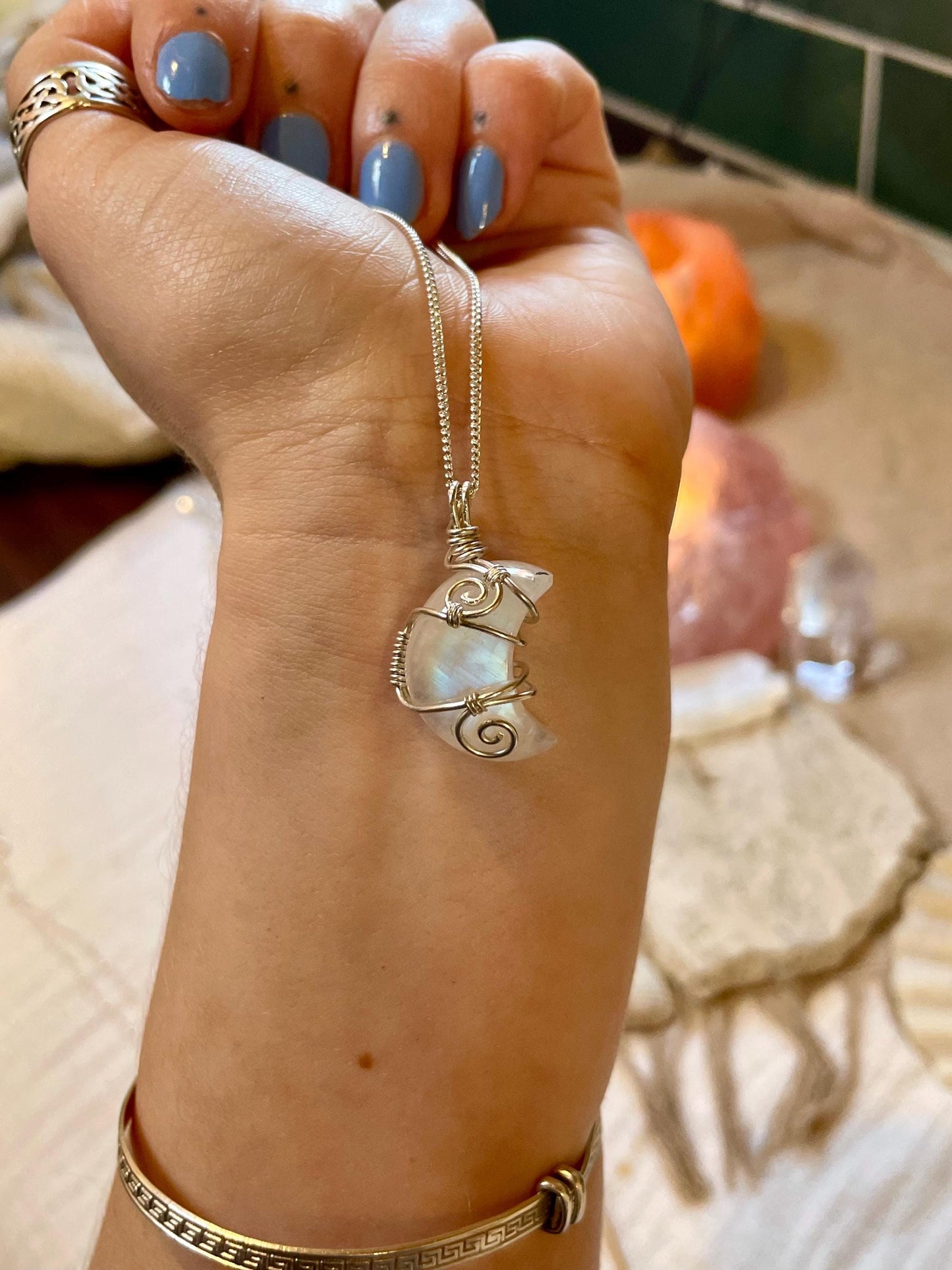 Moonstone Crescent Moon in Sterling Silver, June Birthstone, Witchy