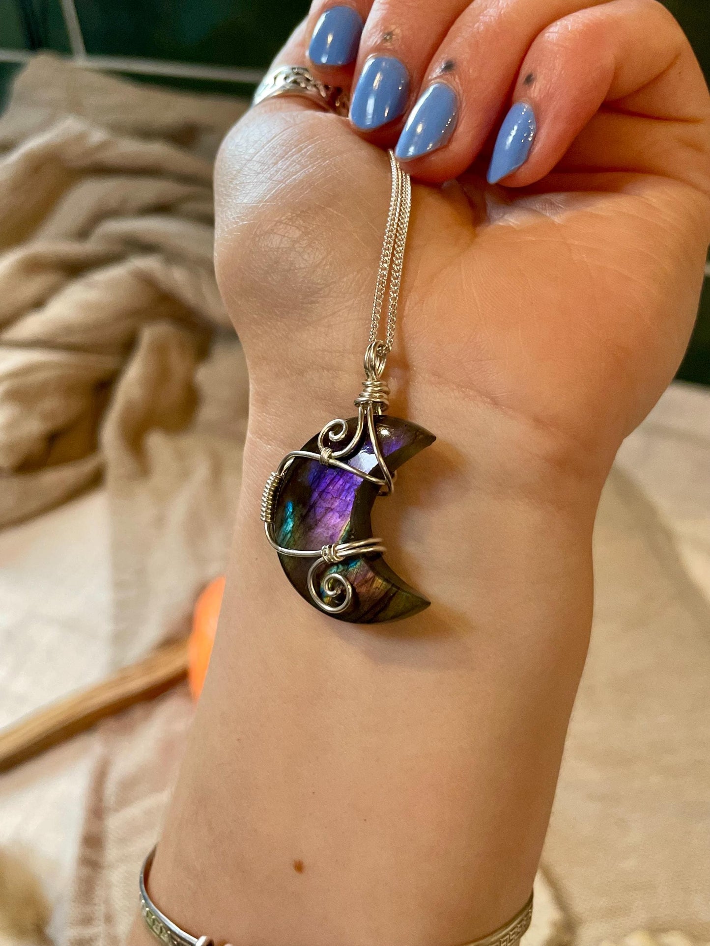 Labradorite crescent moon necklace, Sterling Silver pendant, Witchy gift for her