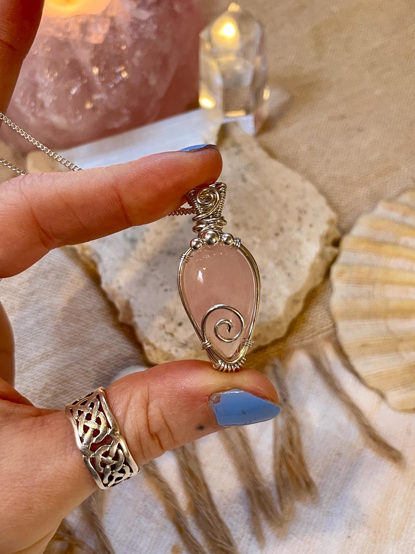 Sterling Silver Rose Quartz necklace, Witchy gift for her, Love and Romance