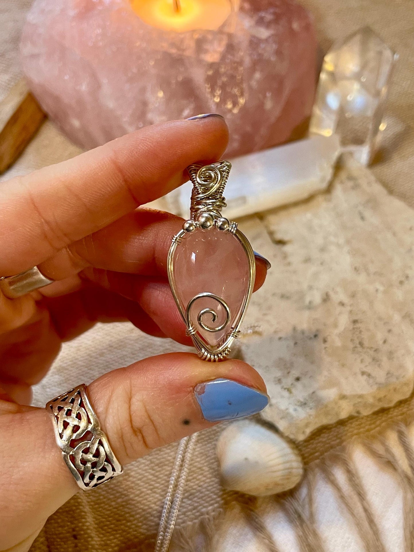 Sterling Silver Rose Quartz necklace, Witchy gift for her, Love and Romance