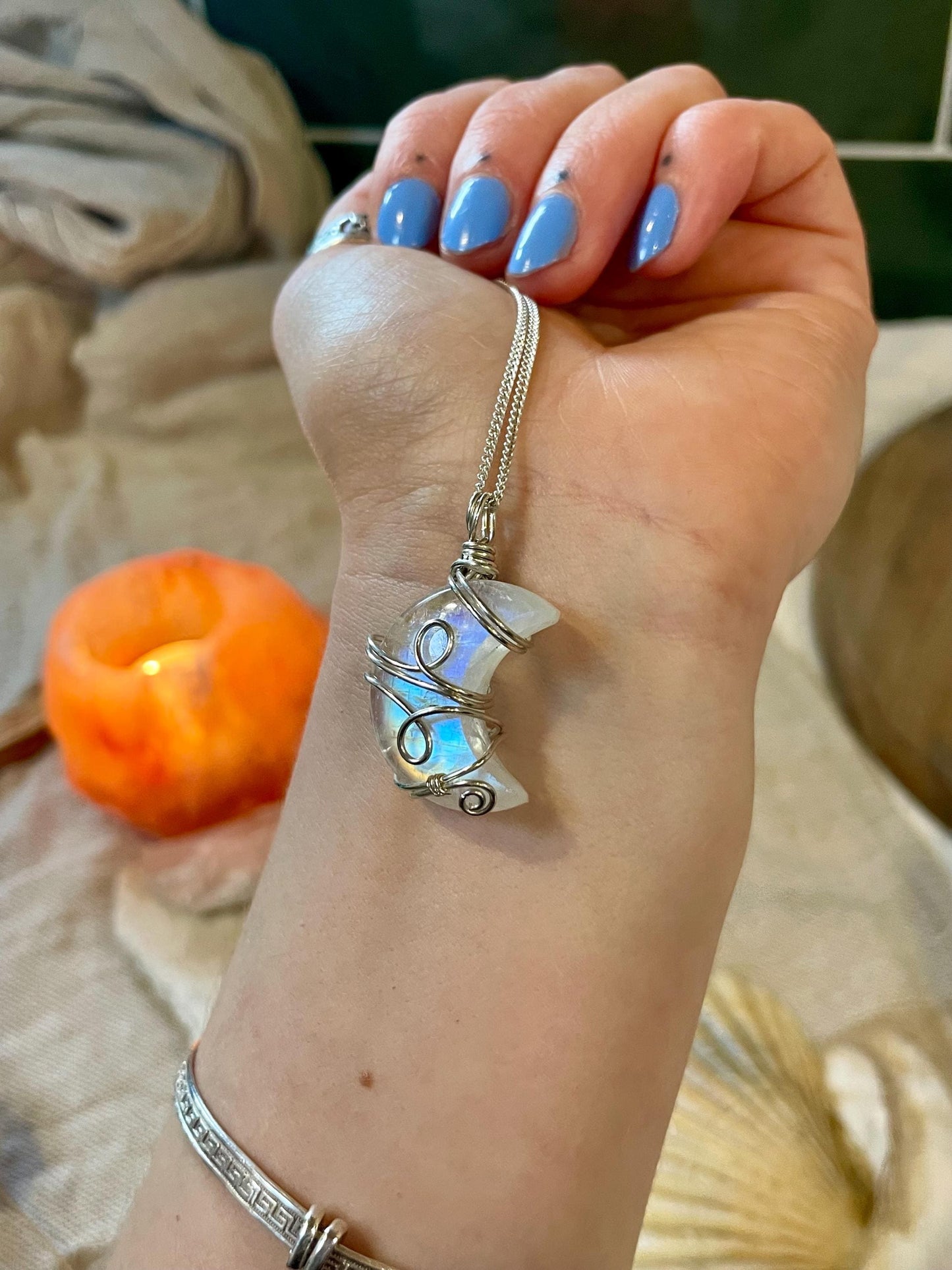 Moonstone Crescent Moon in Sterling Silver, June Birthstone, Witchy