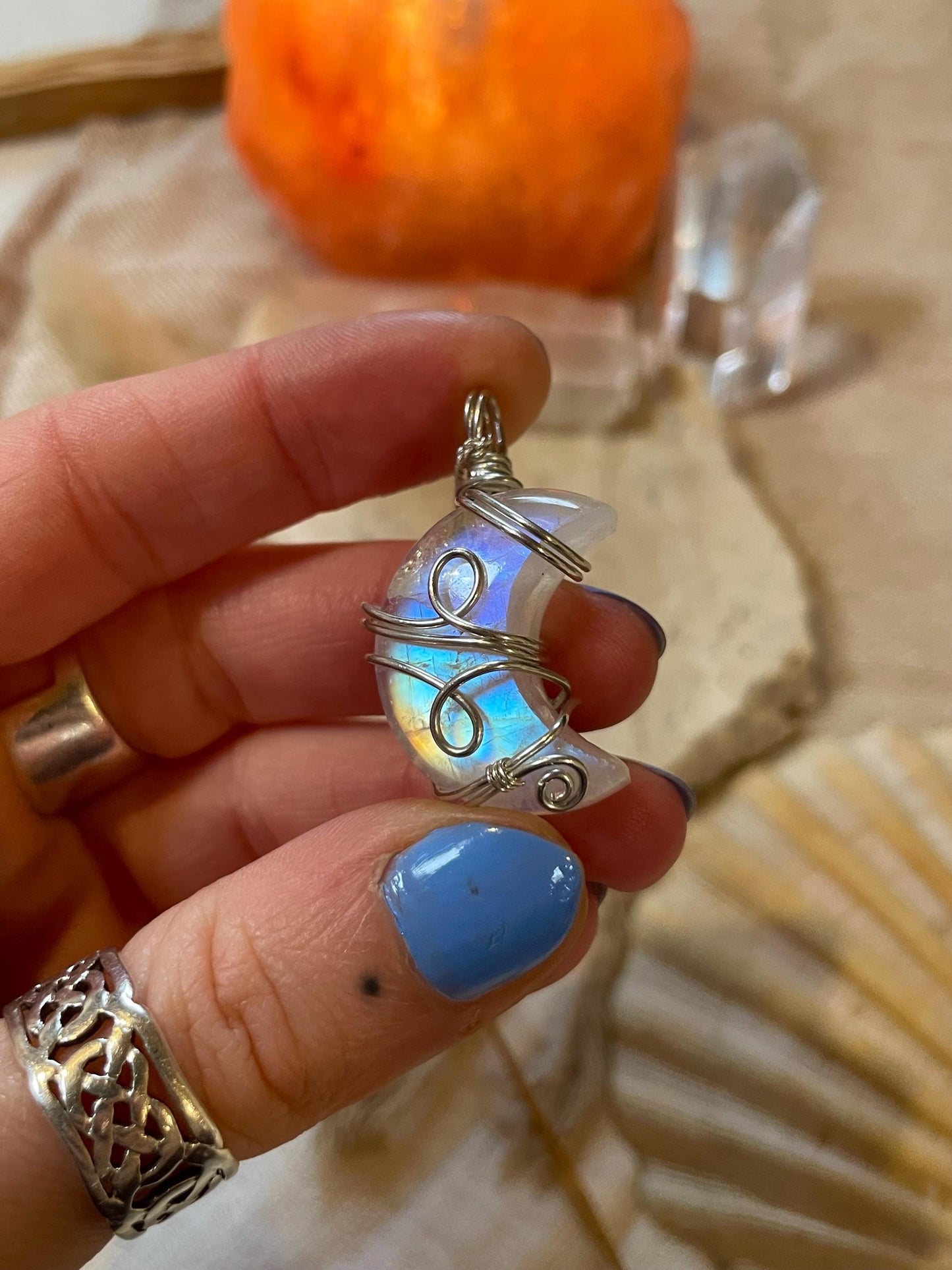 Moonstone Crescent Moon in Sterling Silver, June Birthstone, Witchy