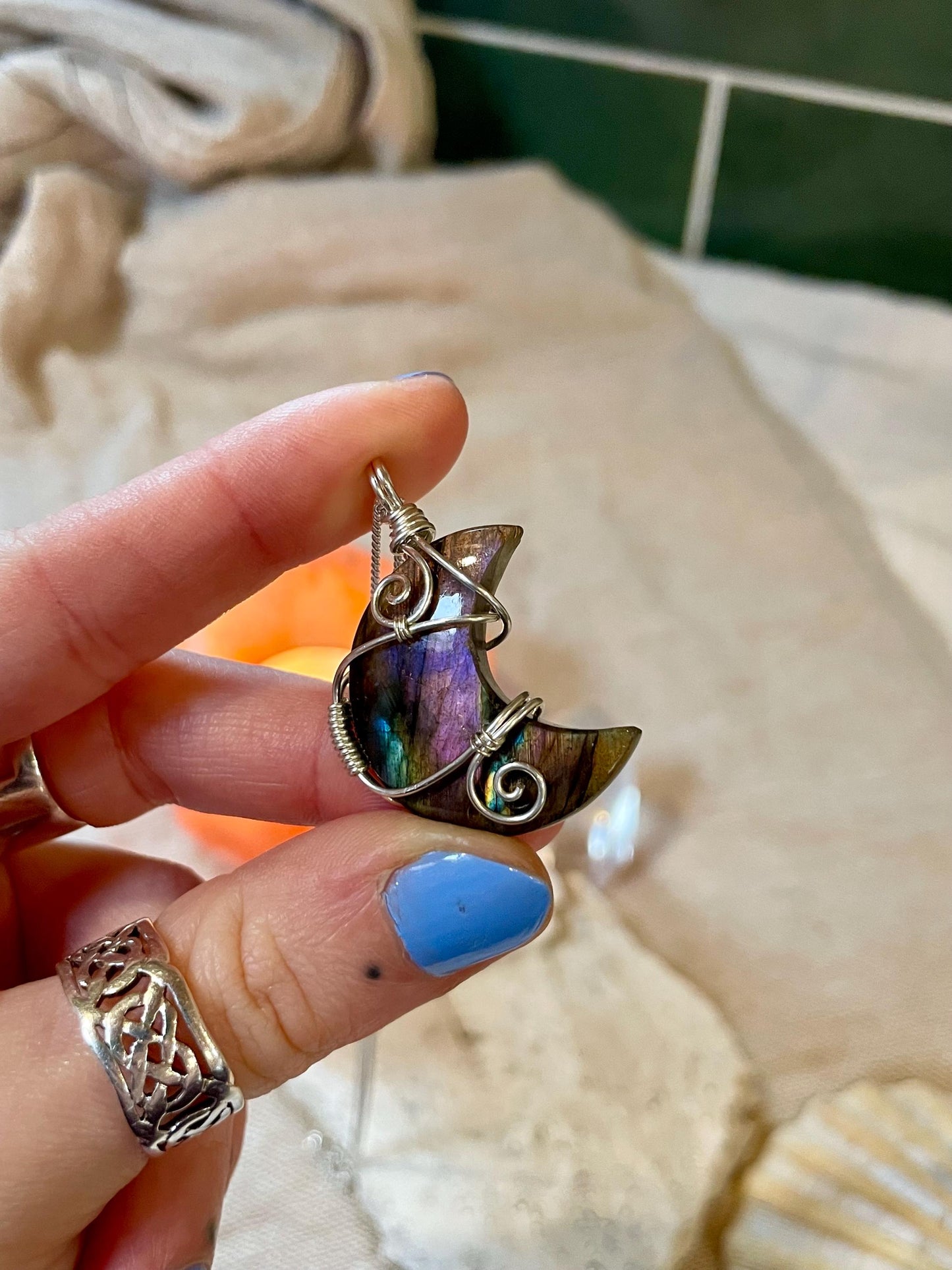 Labradorite crescent moon necklace, Sterling Silver pendant, Witchy gift for her
