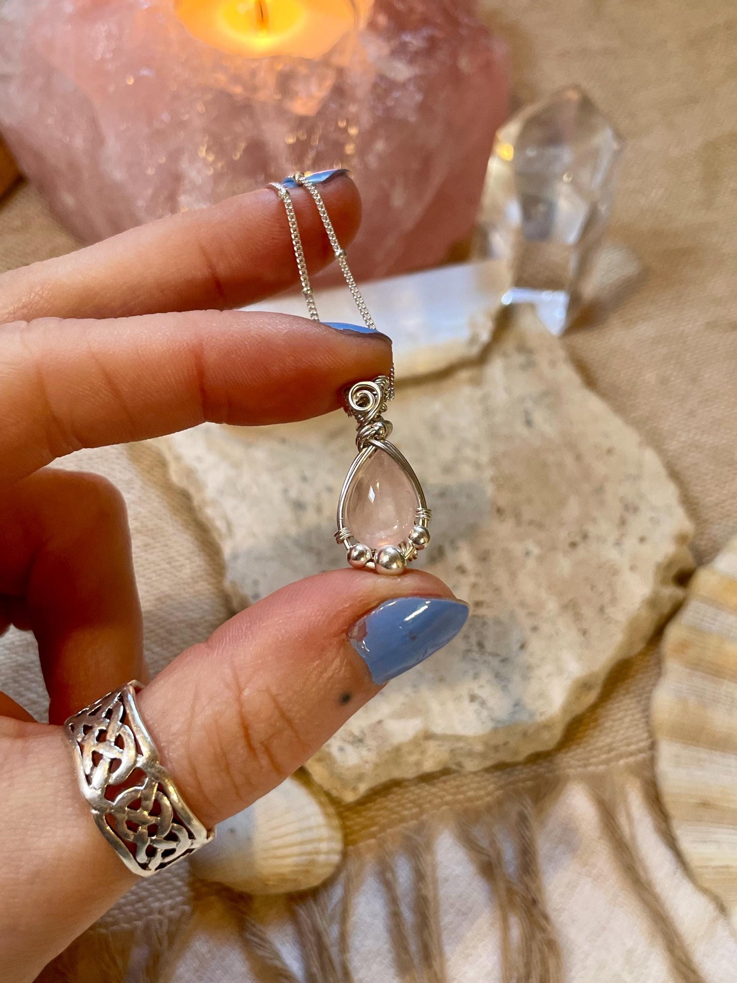 Sterling Silver Rose Quartz necklace, Witchy gift for her, love and romance