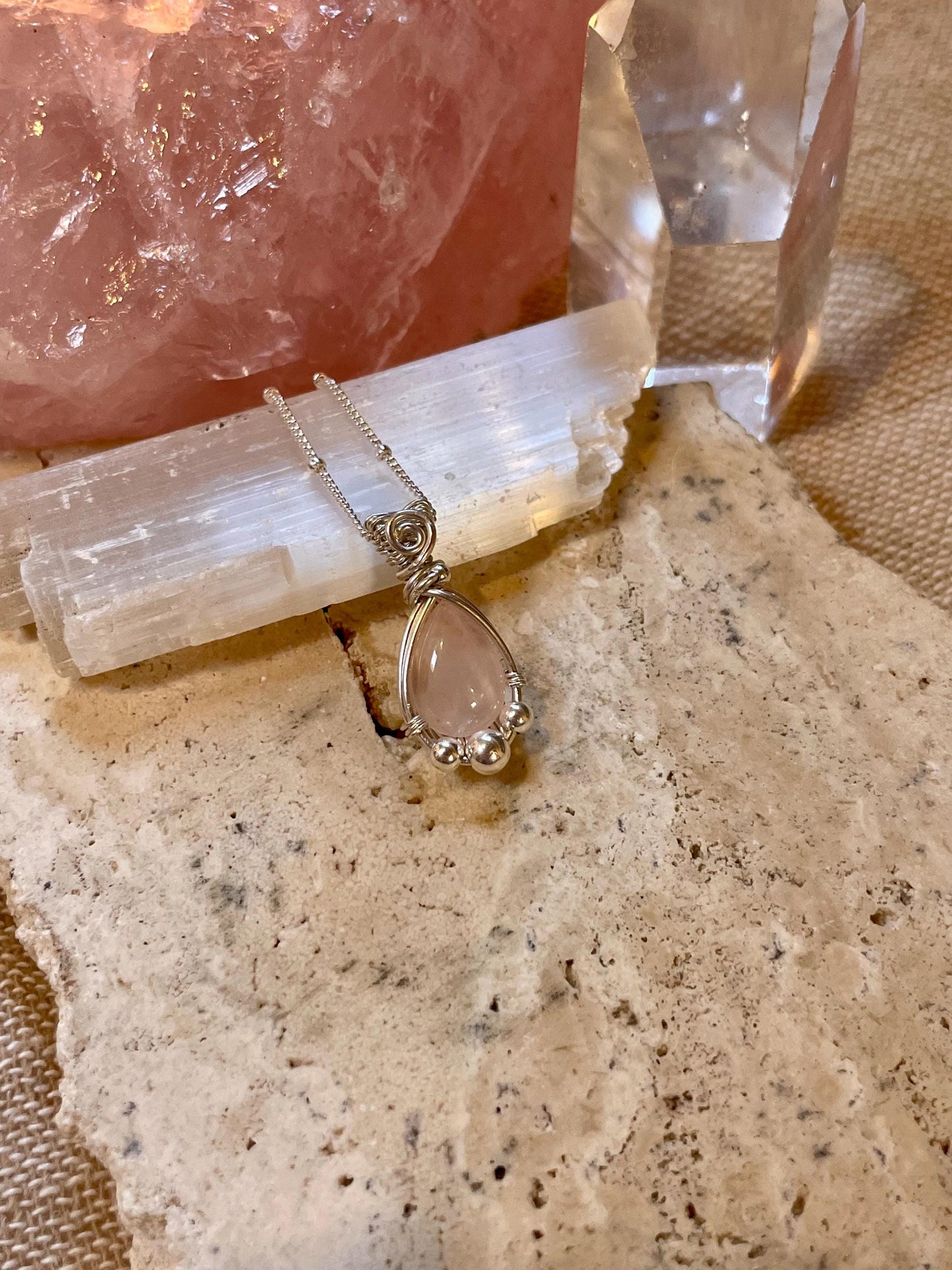 Sterling Silver Rose Quartz necklace, Witchy gift for her, love and romance
