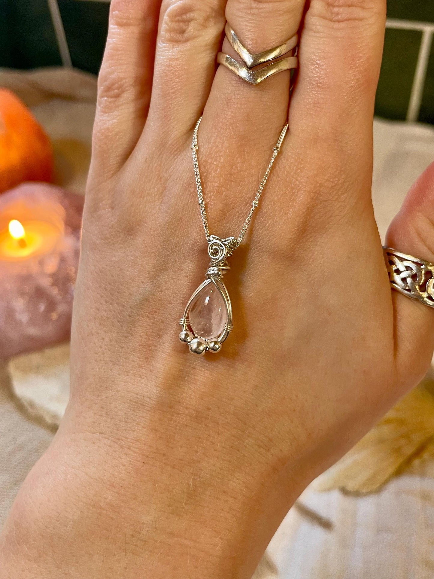 Sterling Silver Rose Quartz necklace, Witchy gift for her, love and romance