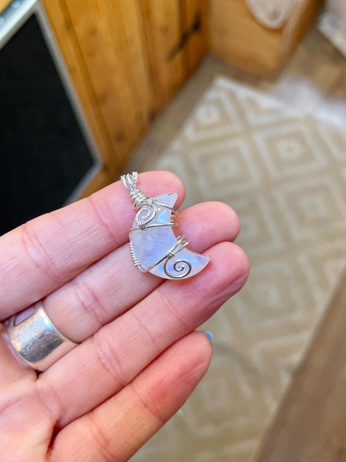 Moonstone Crescent Moon in Sterling Silver, June Birthstone, Witchy