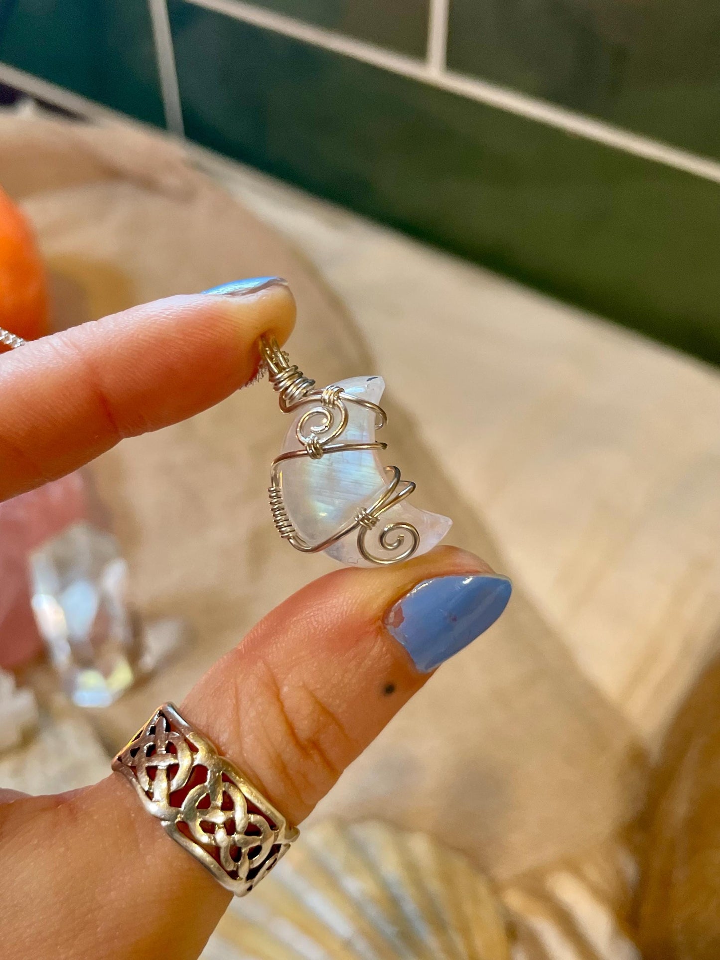 Moonstone Crescent Moon in Sterling Silver, June Birthstone, Witchy
