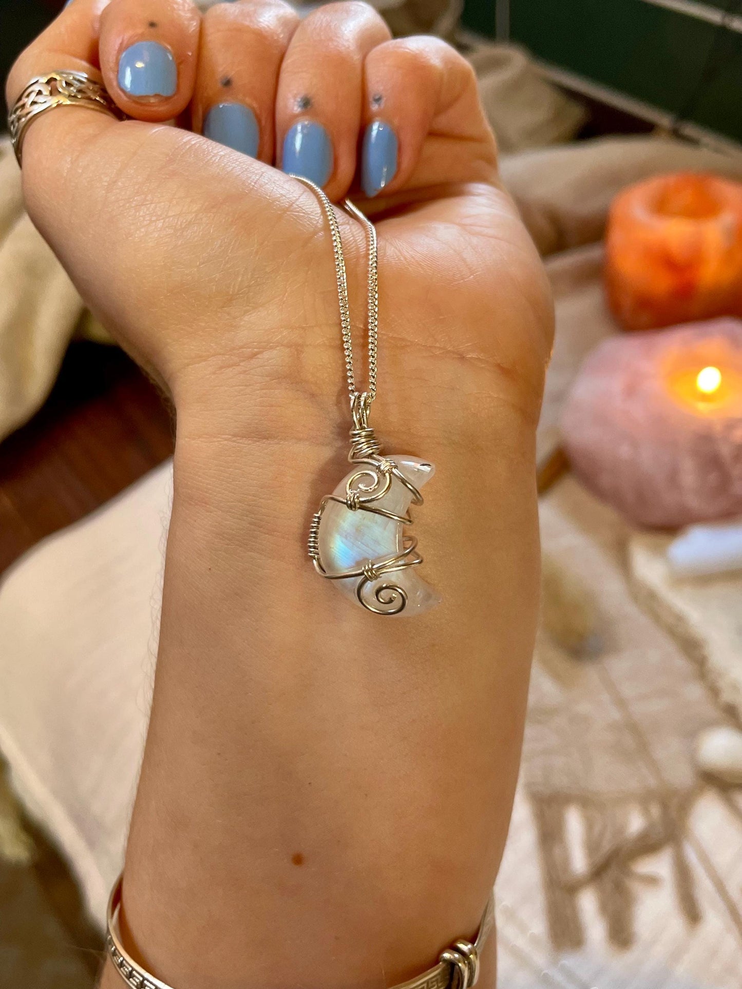 Moonstone Crescent Moon in Sterling Silver, June Birthstone, Witchy