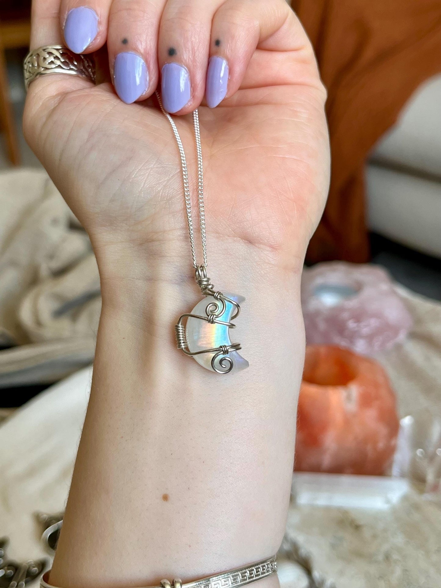 Moonstone Crescent Moon in Sterling Silver, June Birthstone, Witchy