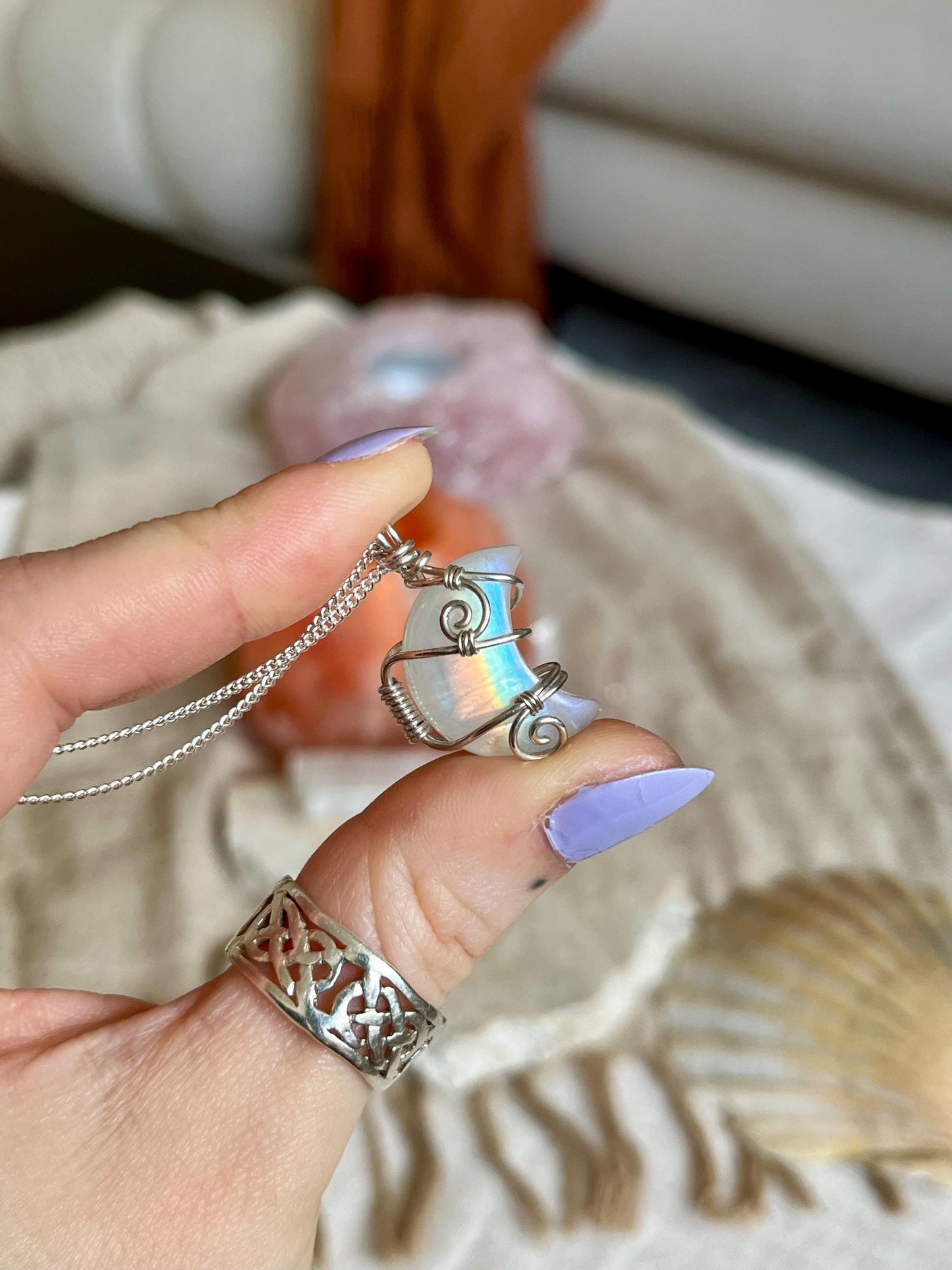 Moonstone Crescent Moon in Sterling Silver, June Birthstone, Witchy