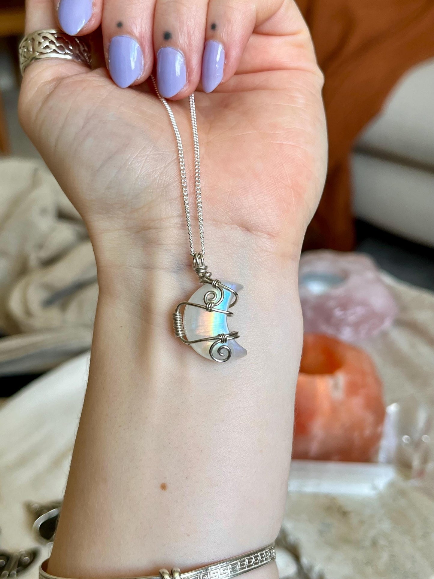 Moonstone Crescent Moon in Sterling Silver, June Birthstone, Witchy