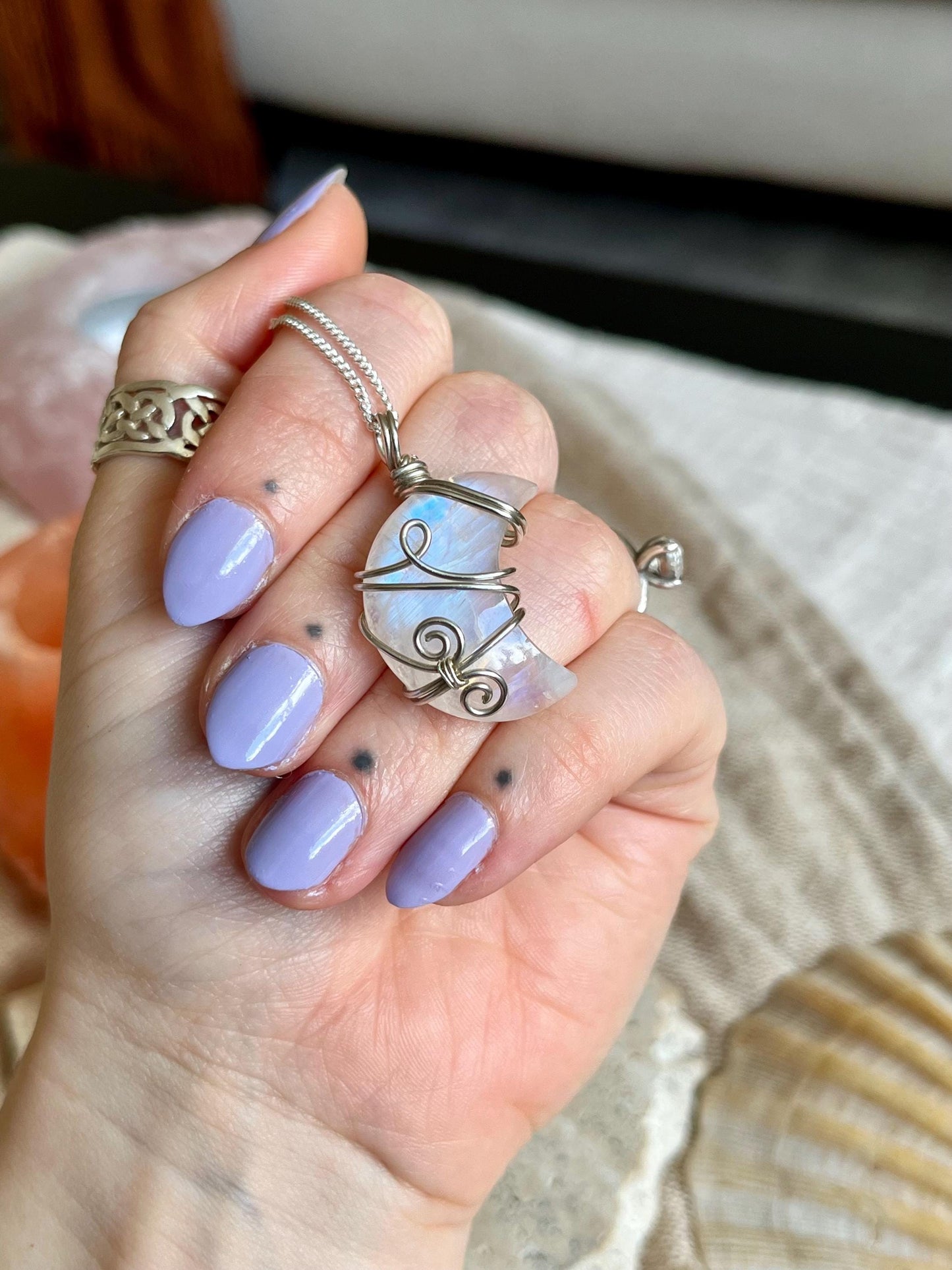 Moonstone Crescent Moon in Sterling Silver, June Birthstone, Witchy