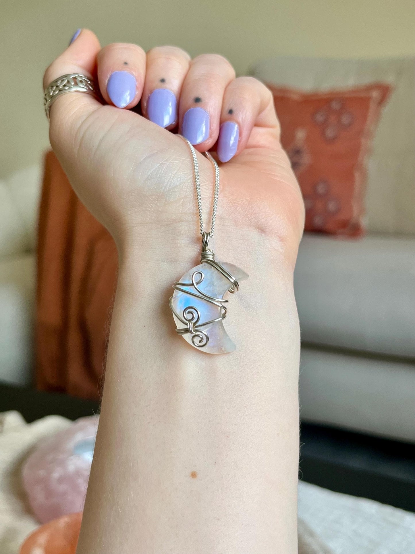 Moonstone Crescent Moon in Sterling Silver, June Birthstone, Witchy