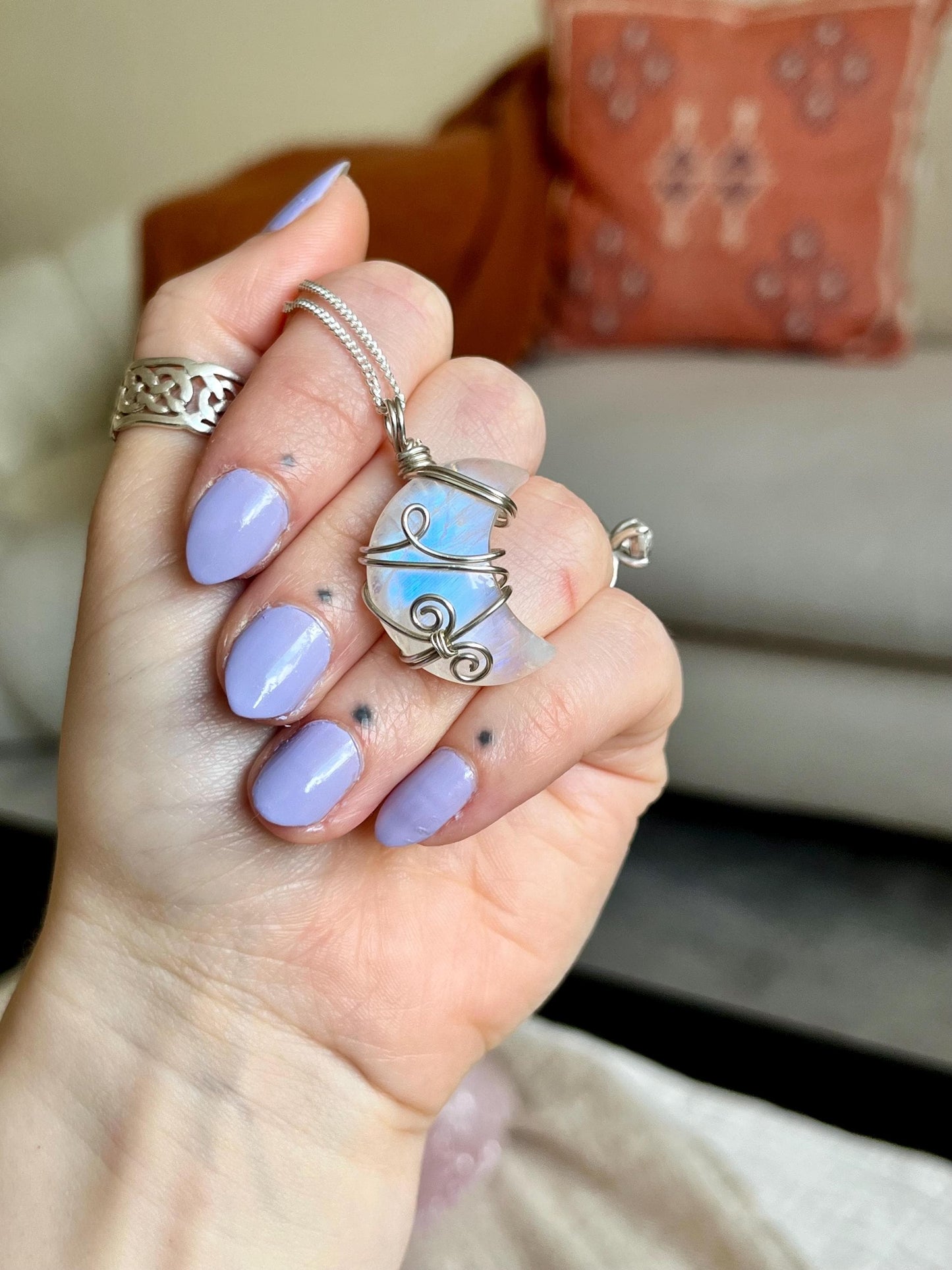 Moonstone Crescent Moon in Sterling Silver, June Birthstone, Witchy