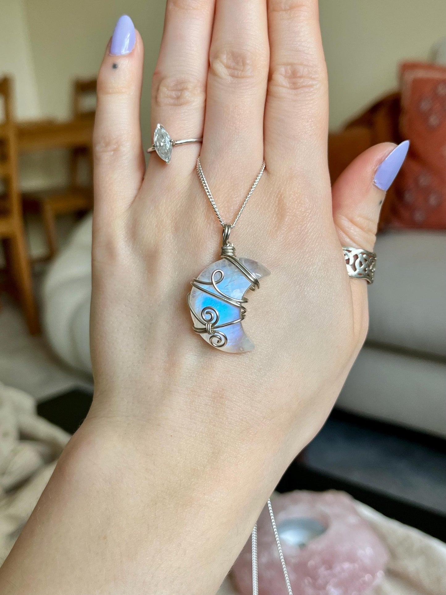 Moonstone Crescent Moon in Sterling Silver, June Birthstone, Witchy
