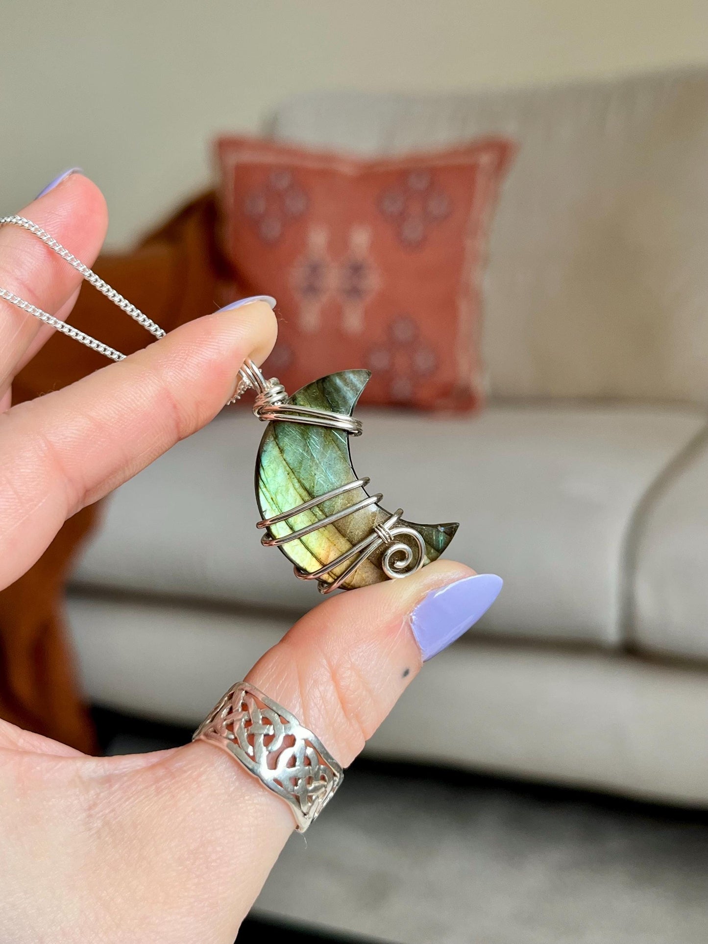 Labradorite crescent moon necklace, Sterling Silver pendant, Witchy gift for her