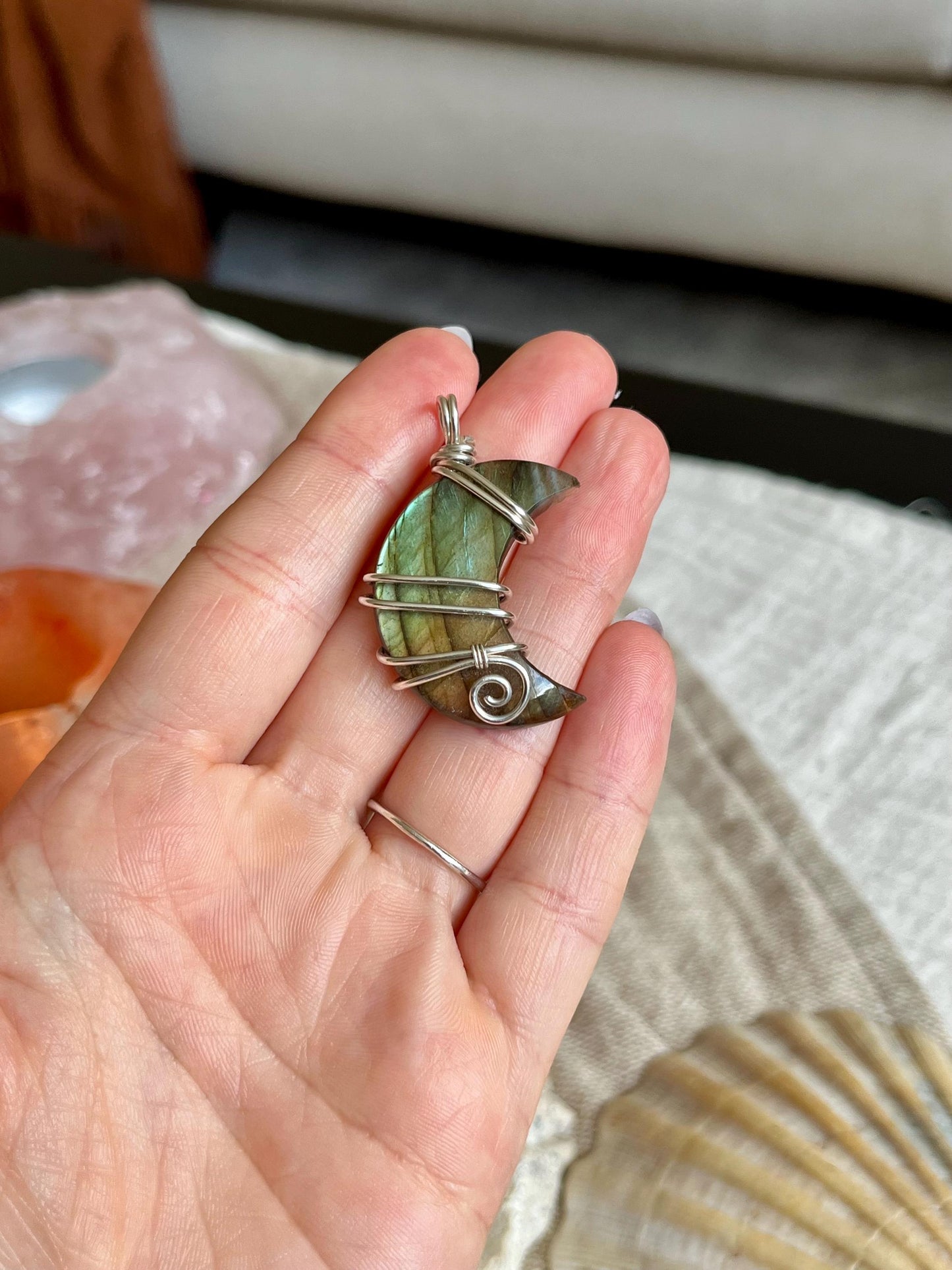 Labradorite crescent moon necklace, Sterling Silver pendant, Witchy gift for her