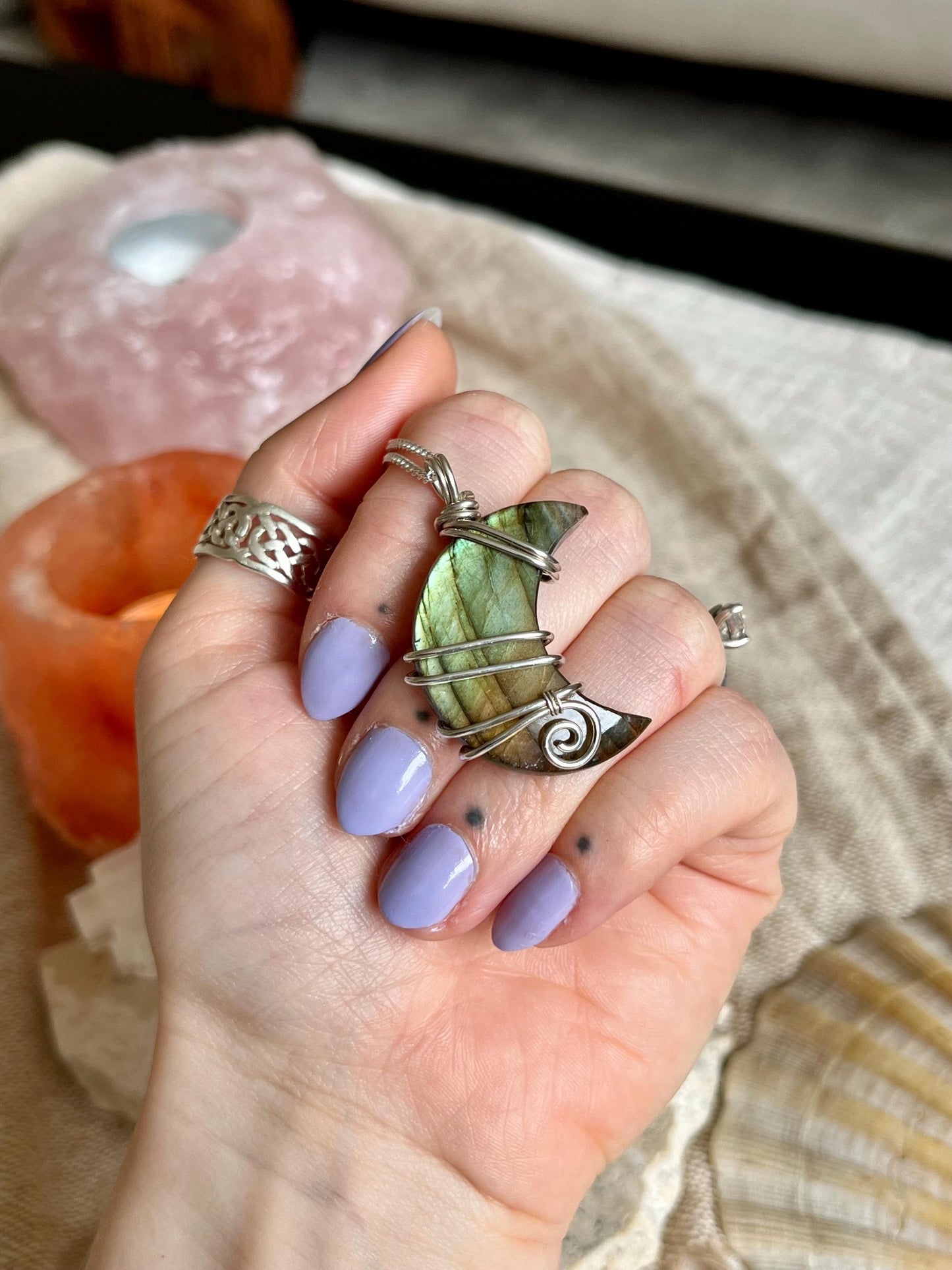 Labradorite crescent moon necklace, Sterling Silver pendant, Witchy gift for her