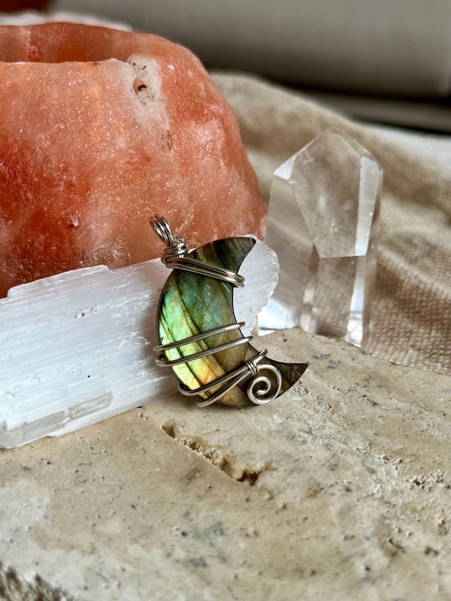 Labradorite crescent moon necklace, Sterling Silver pendant, Witchy gift for her