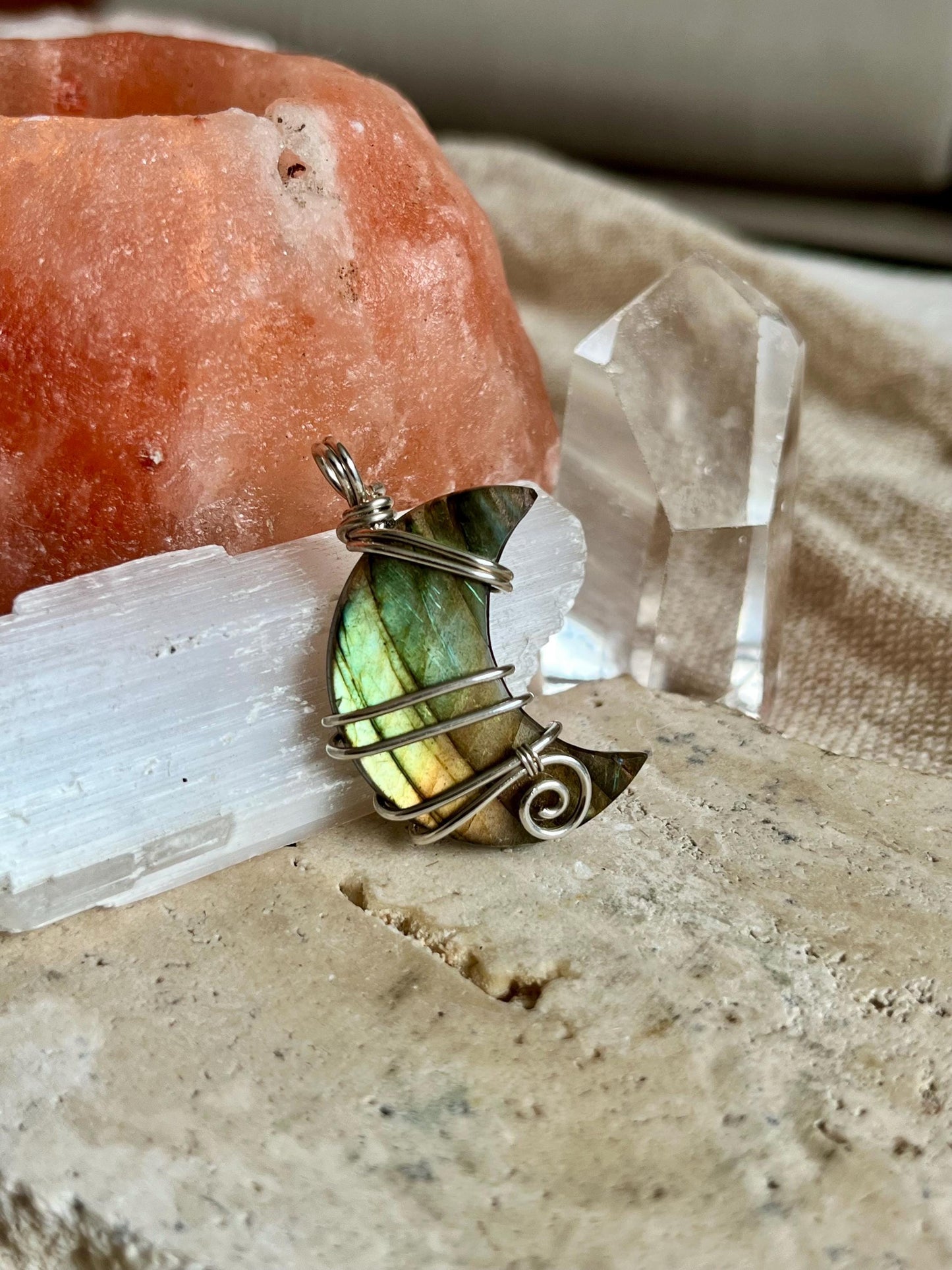 Labradorite crescent moon necklace, Sterling Silver pendant, Witchy gift for her