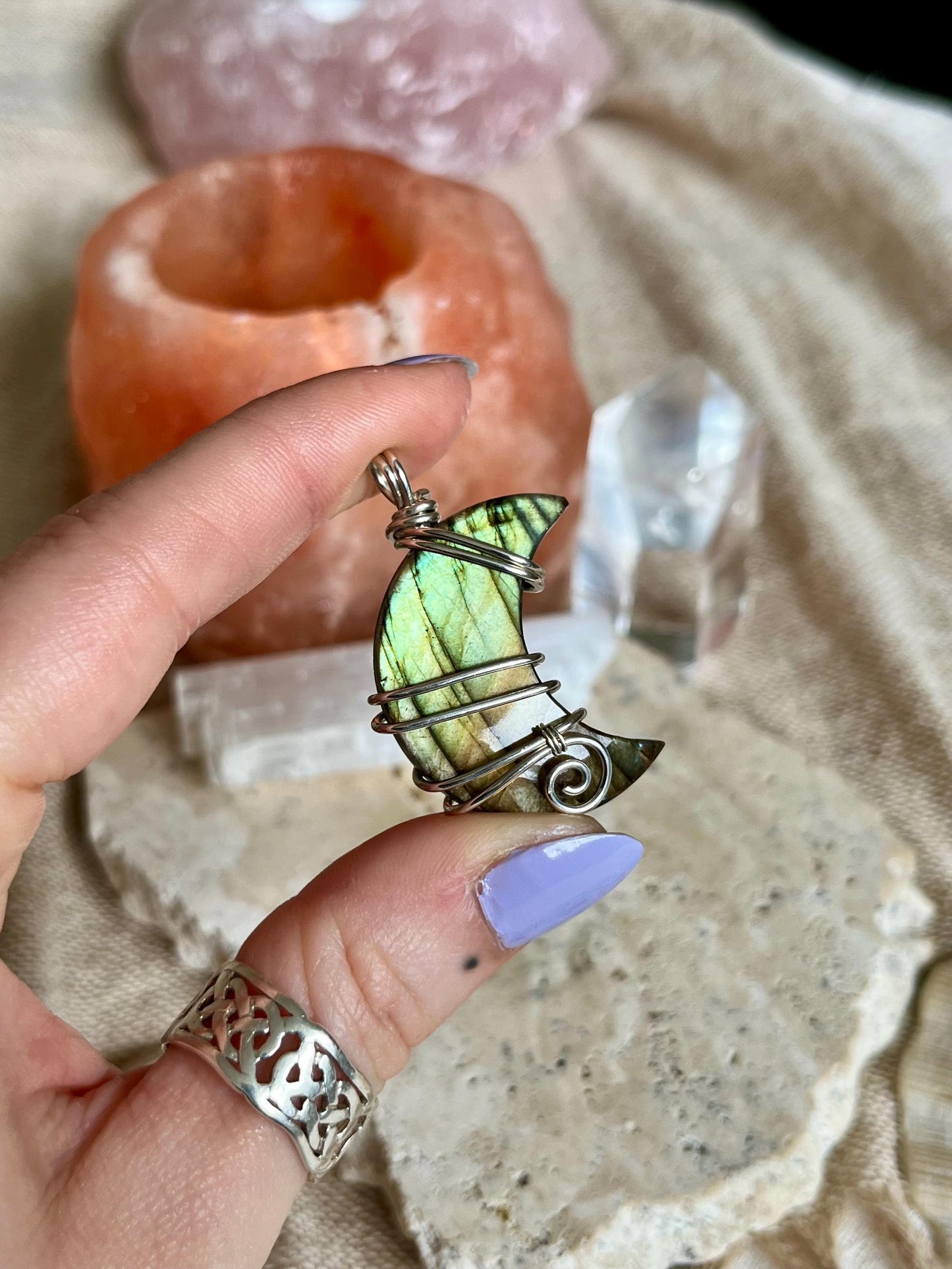 Labradorite crescent moon necklace, Sterling Silver pendant, Witchy gift for her