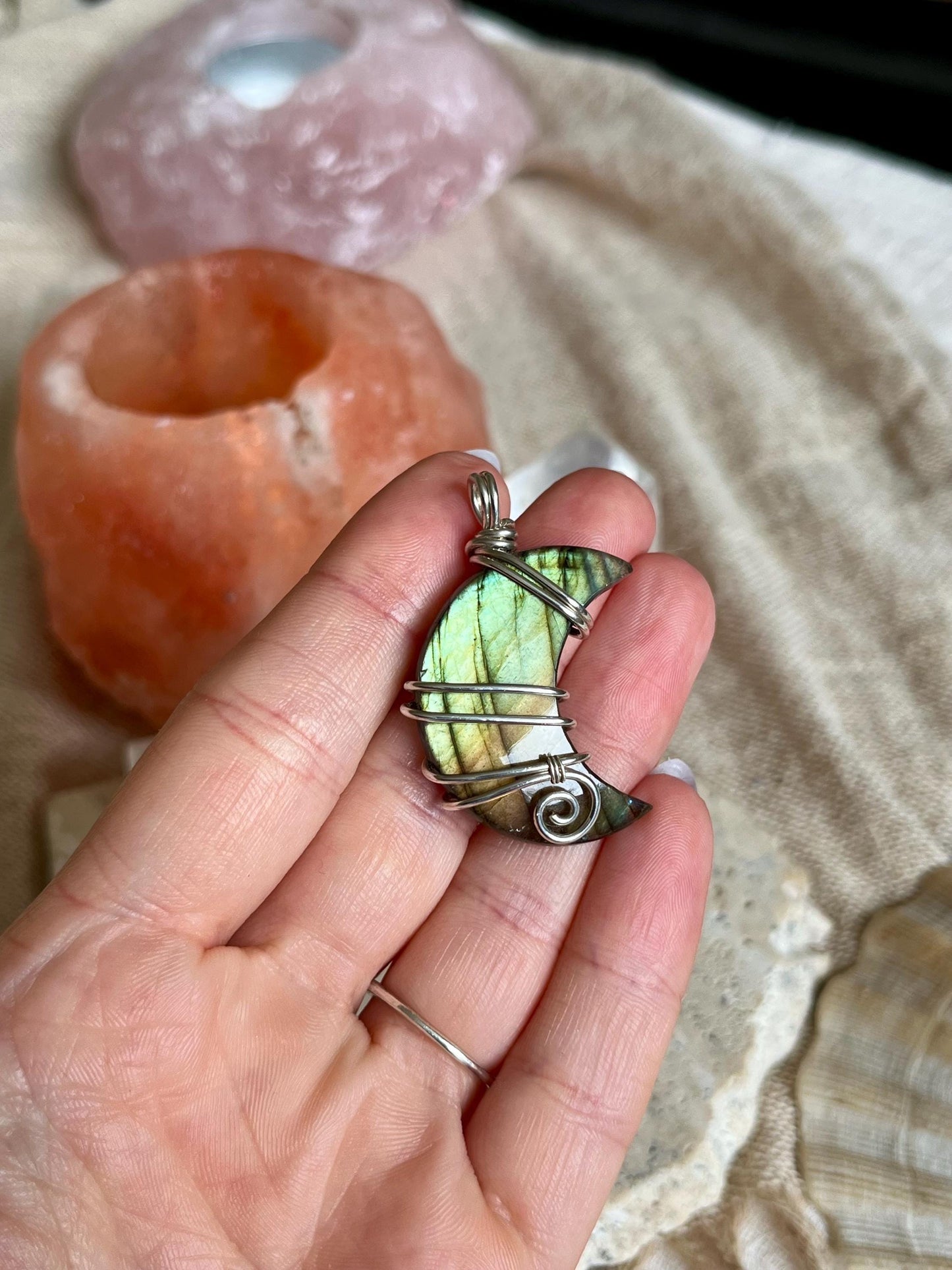 Labradorite crescent moon necklace, Sterling Silver pendant, Witchy gift for her