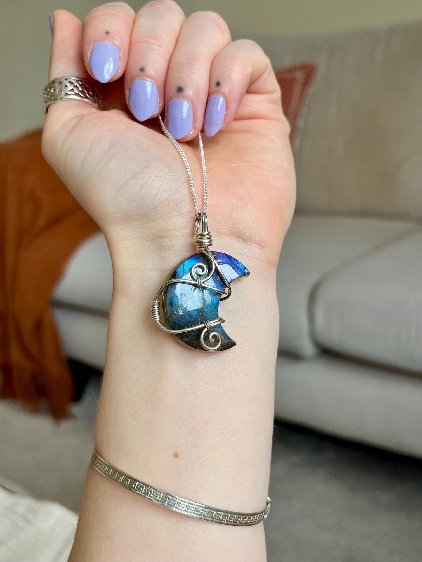 Labradorite crescent moon necklace, Sterling Silver pendant, Witchy gift for her