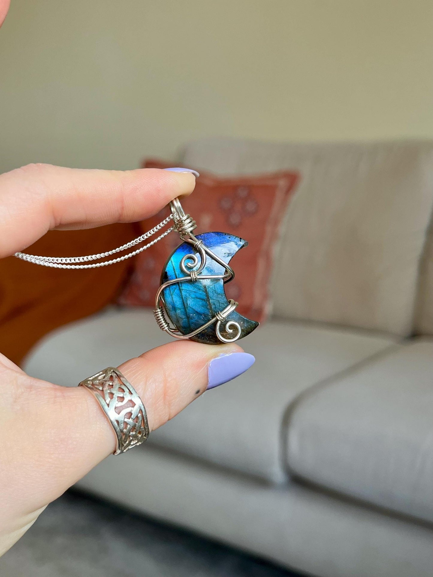 Labradorite crescent moon necklace, Sterling Silver pendant, Witchy gift for her