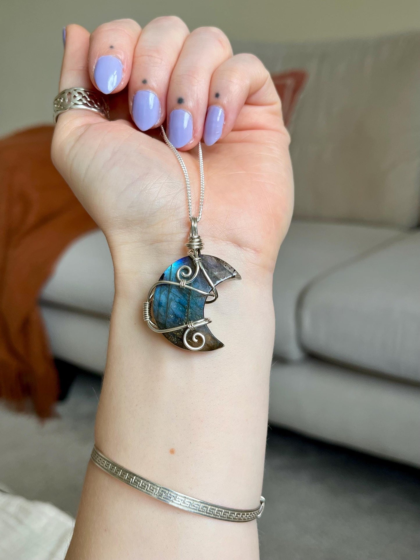 Labradorite crescent moon necklace, Sterling Silver pendant, Witchy gift for her