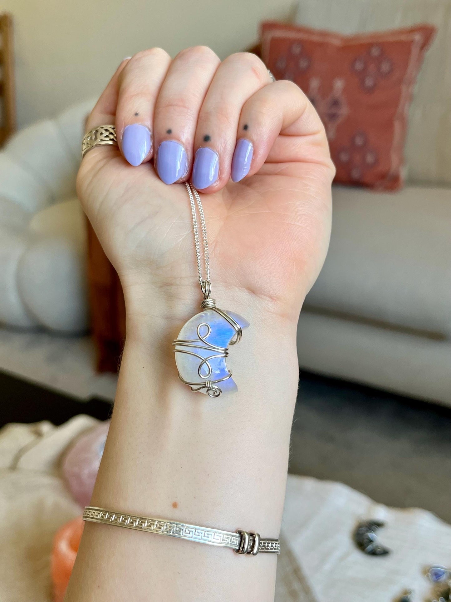 Moonstone Crescent Moon in Sterling Silver, June Birthstone, Witchy
