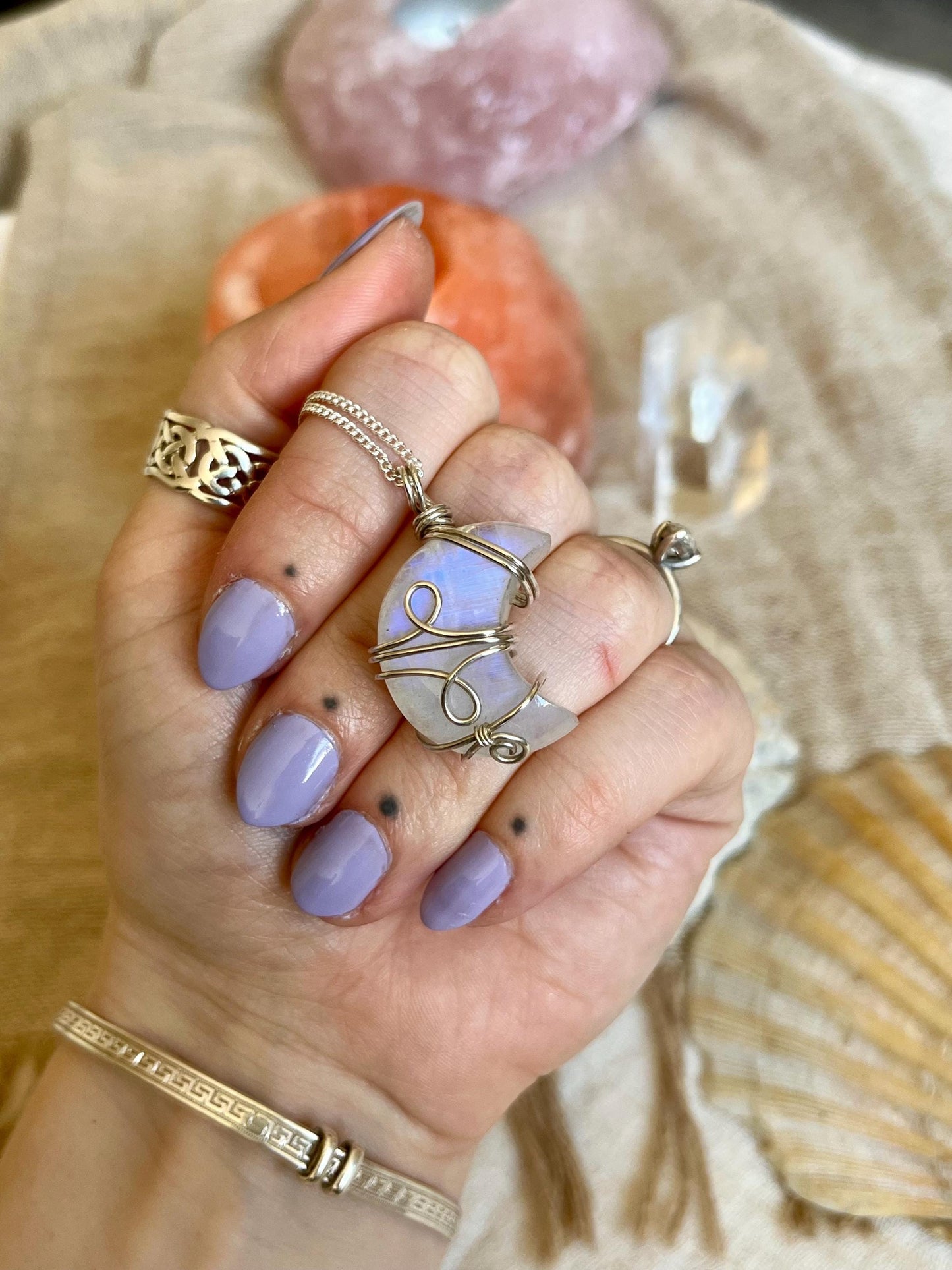 Moonstone Crescent Moon in Sterling Silver, June Birthstone, Witchy