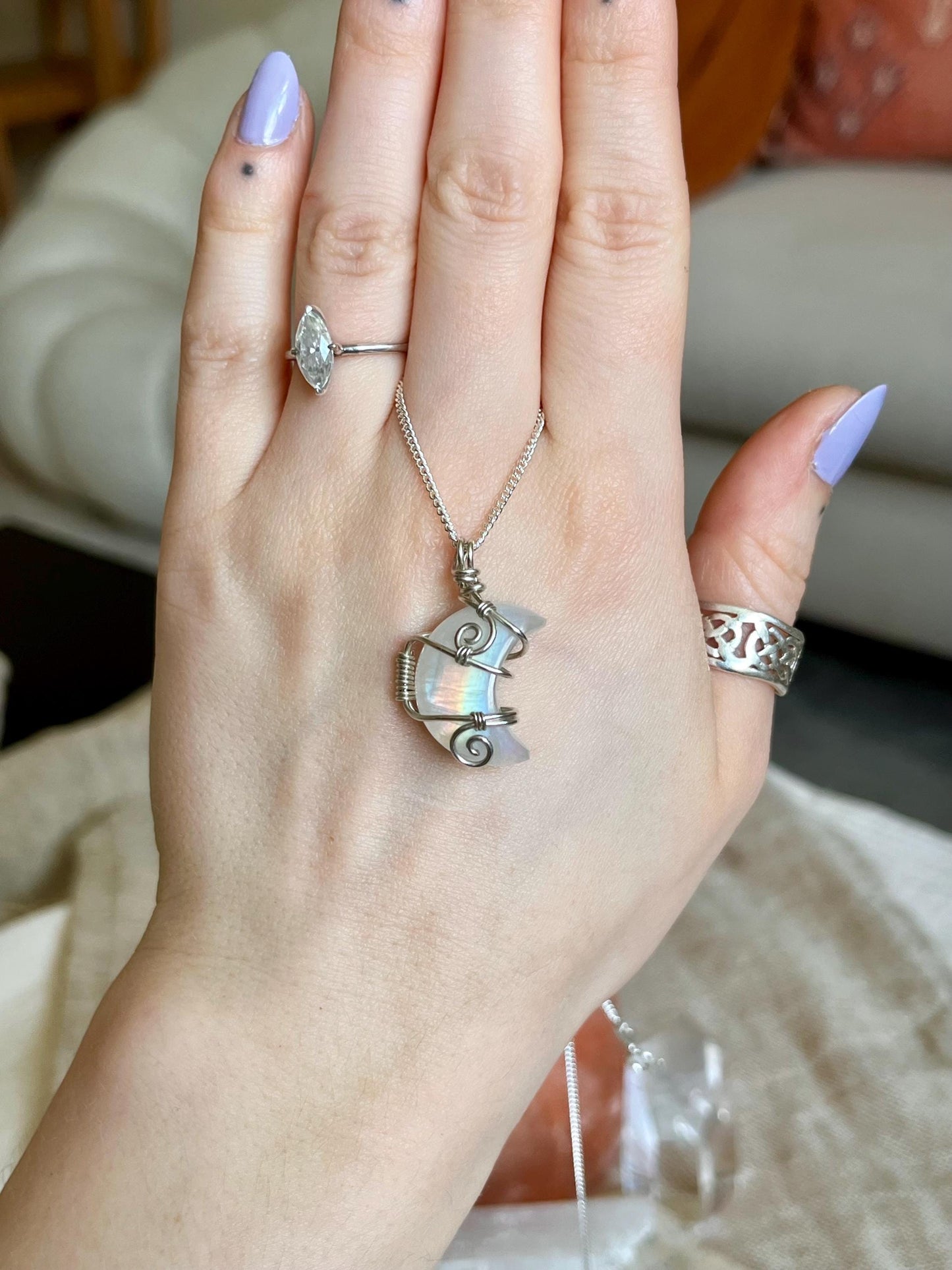 Moonstone Crescent Moon in Sterling Silver, June Birthstone, Witchy