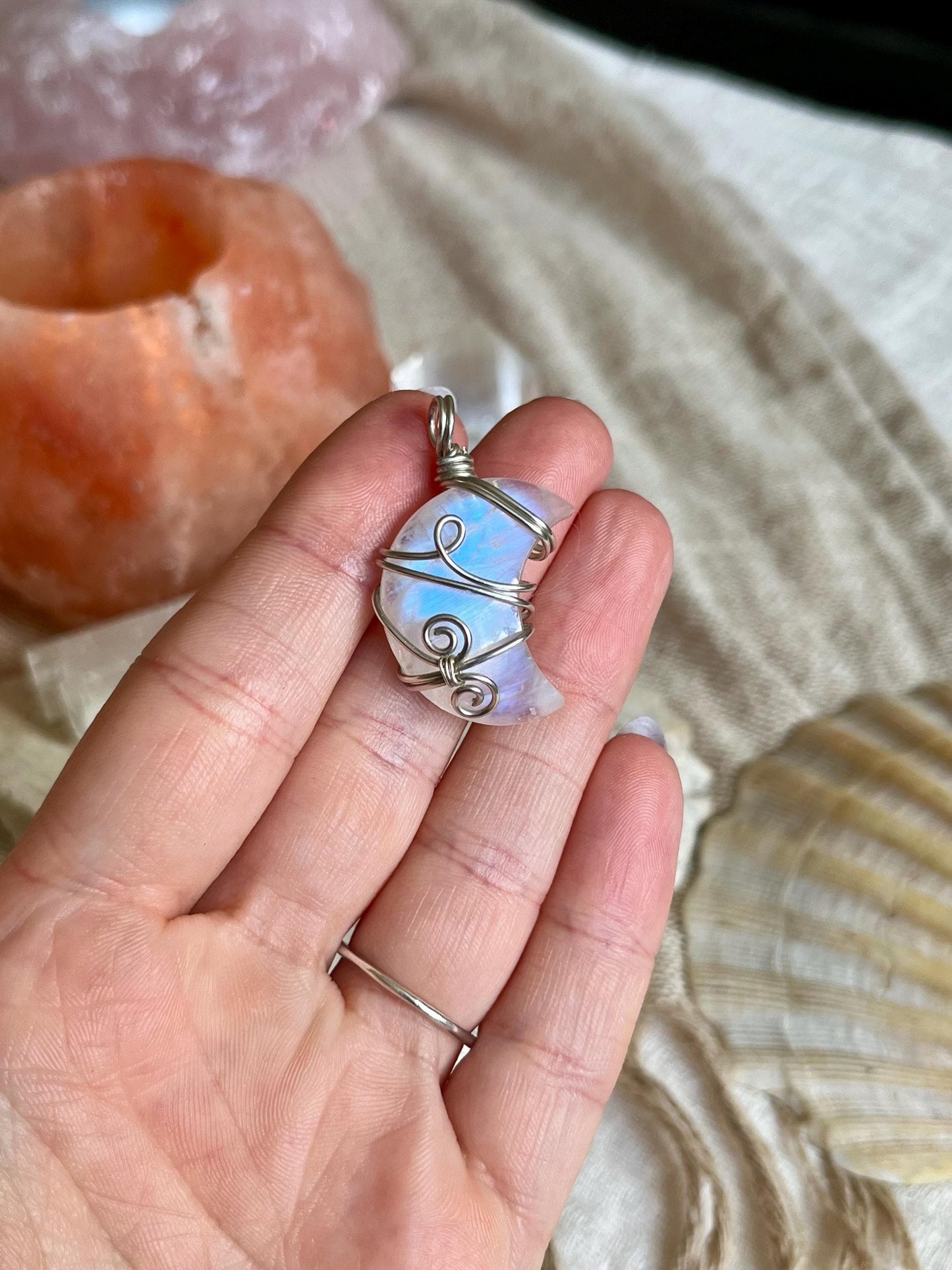 Moonstone Crescent Moon in Sterling Silver, June Birthstone, Witchy