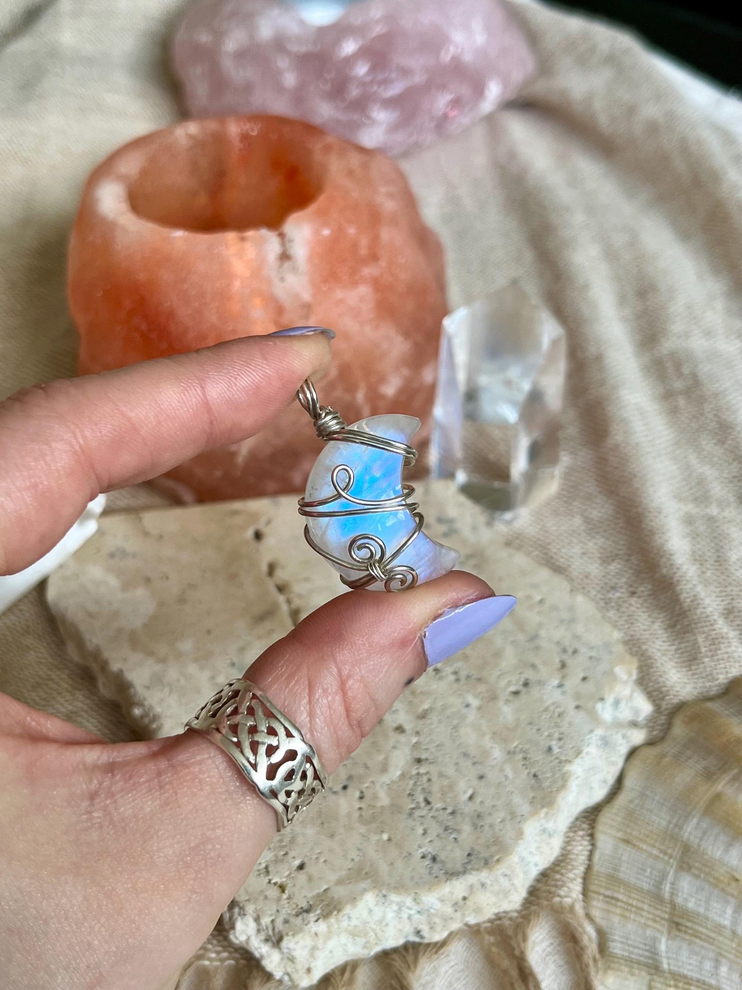 Moonstone Crescent Moon in Sterling Silver, June Birthstone, Witchy