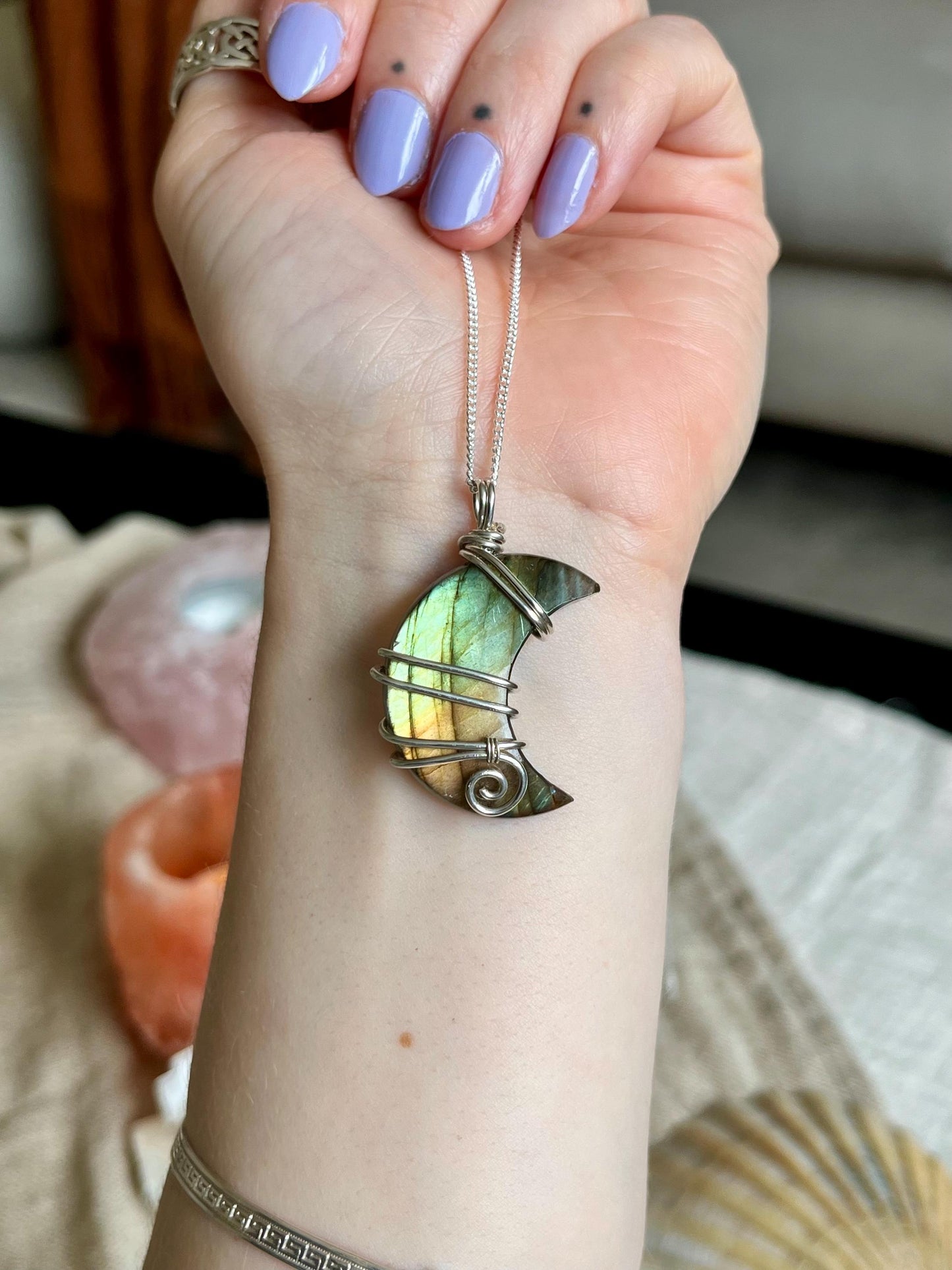 Labradorite crescent moon necklace, Sterling Silver pendant, Witchy gift for her