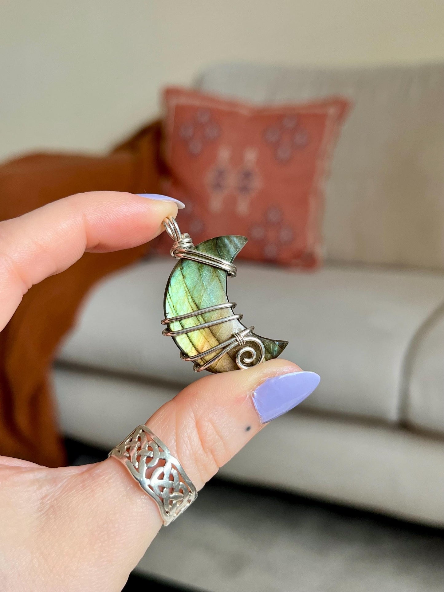 Labradorite crescent moon necklace, Sterling Silver pendant, Witchy gift for her