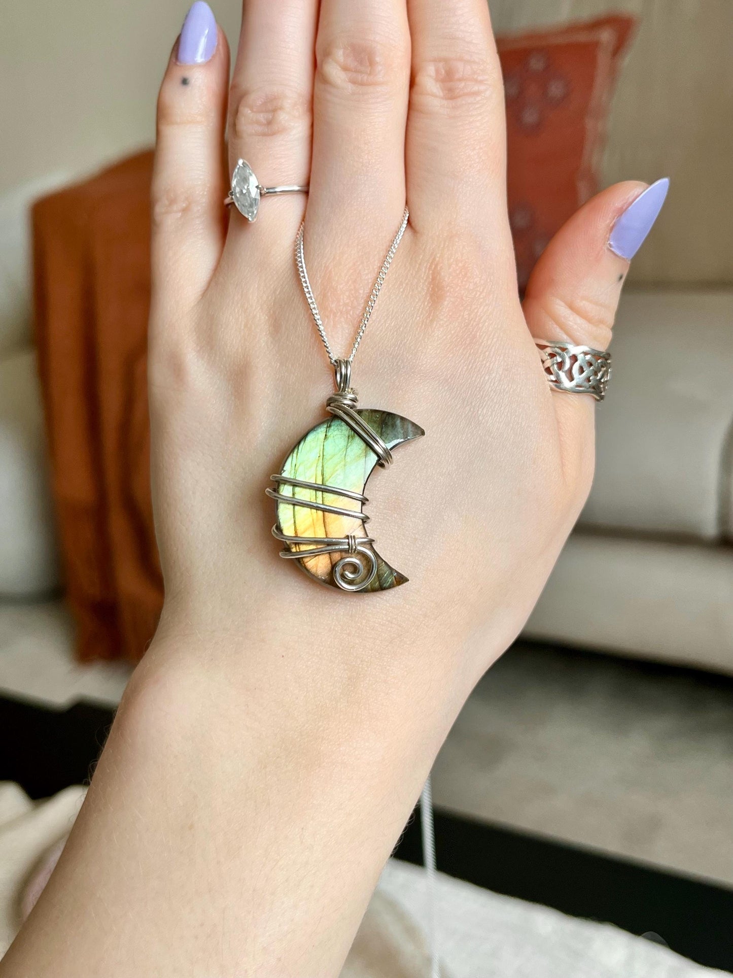 Labradorite crescent moon necklace, Sterling Silver pendant, Witchy gift for her
