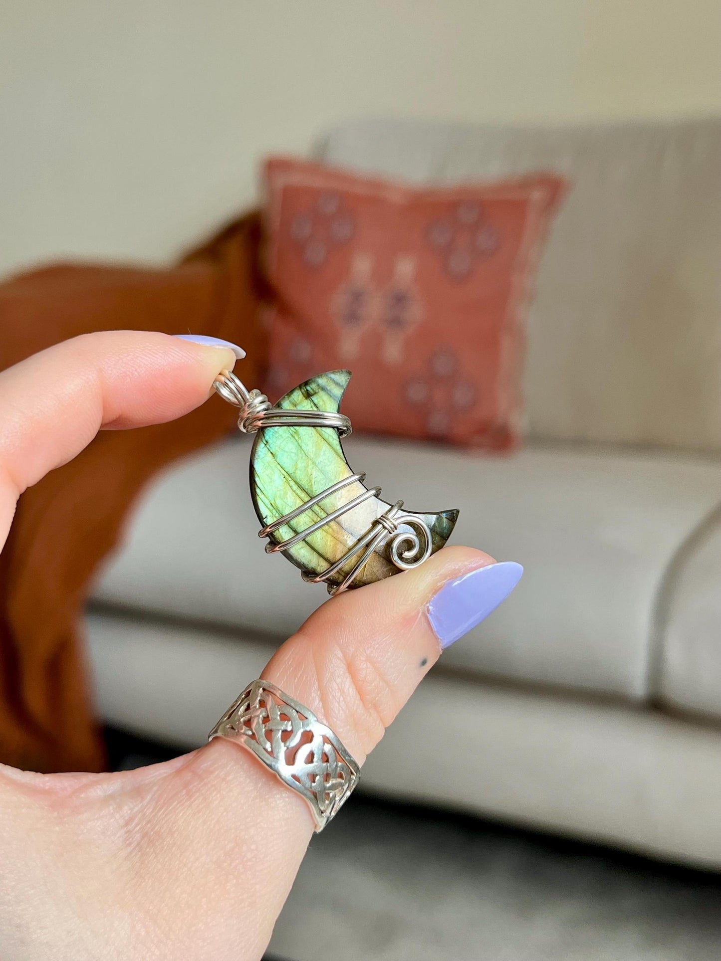 Labradorite crescent moon necklace, Sterling Silver pendant, Witchy gift for her