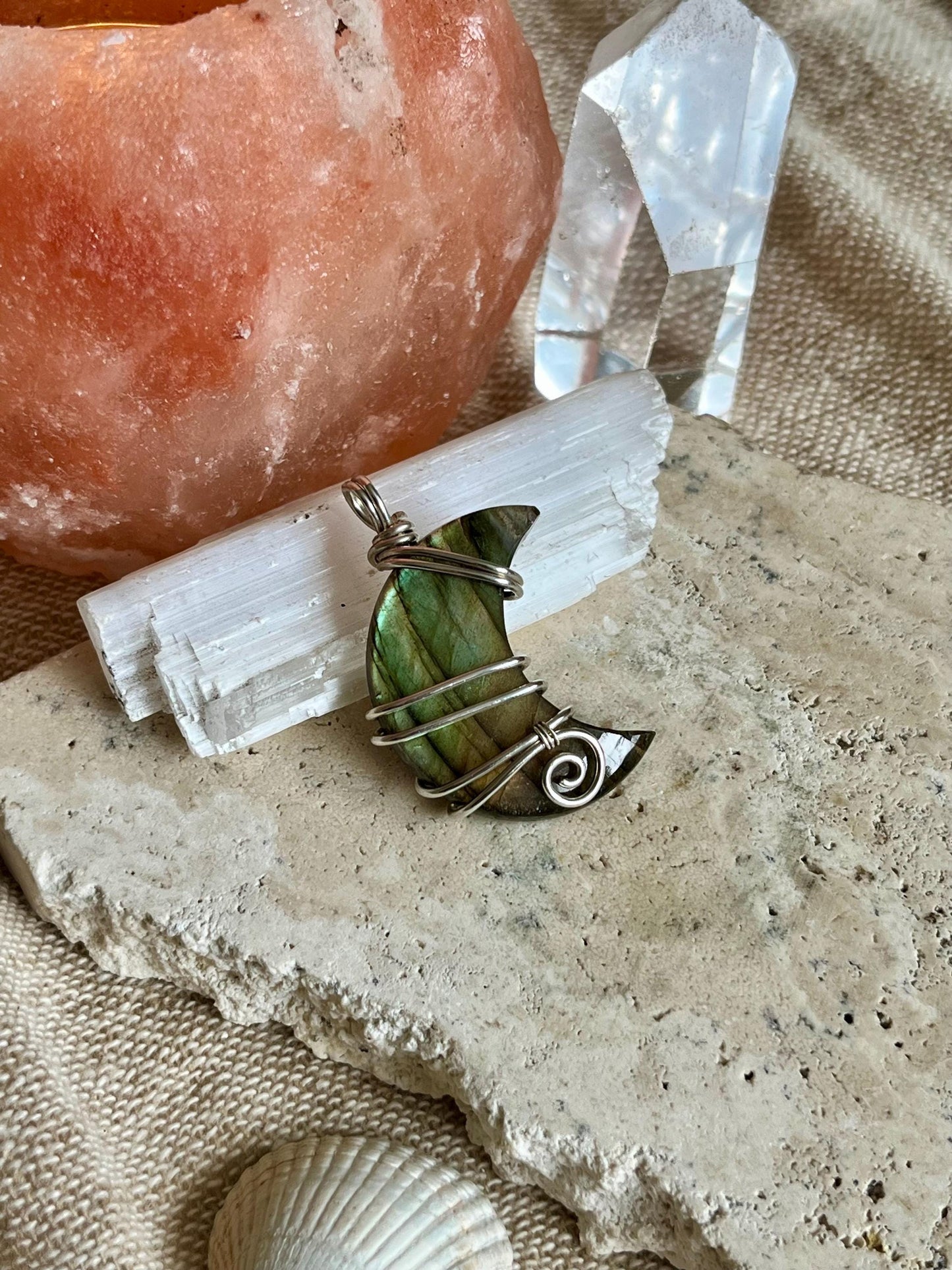 Labradorite crescent moon necklace, Sterling Silver pendant, Witchy gift for her