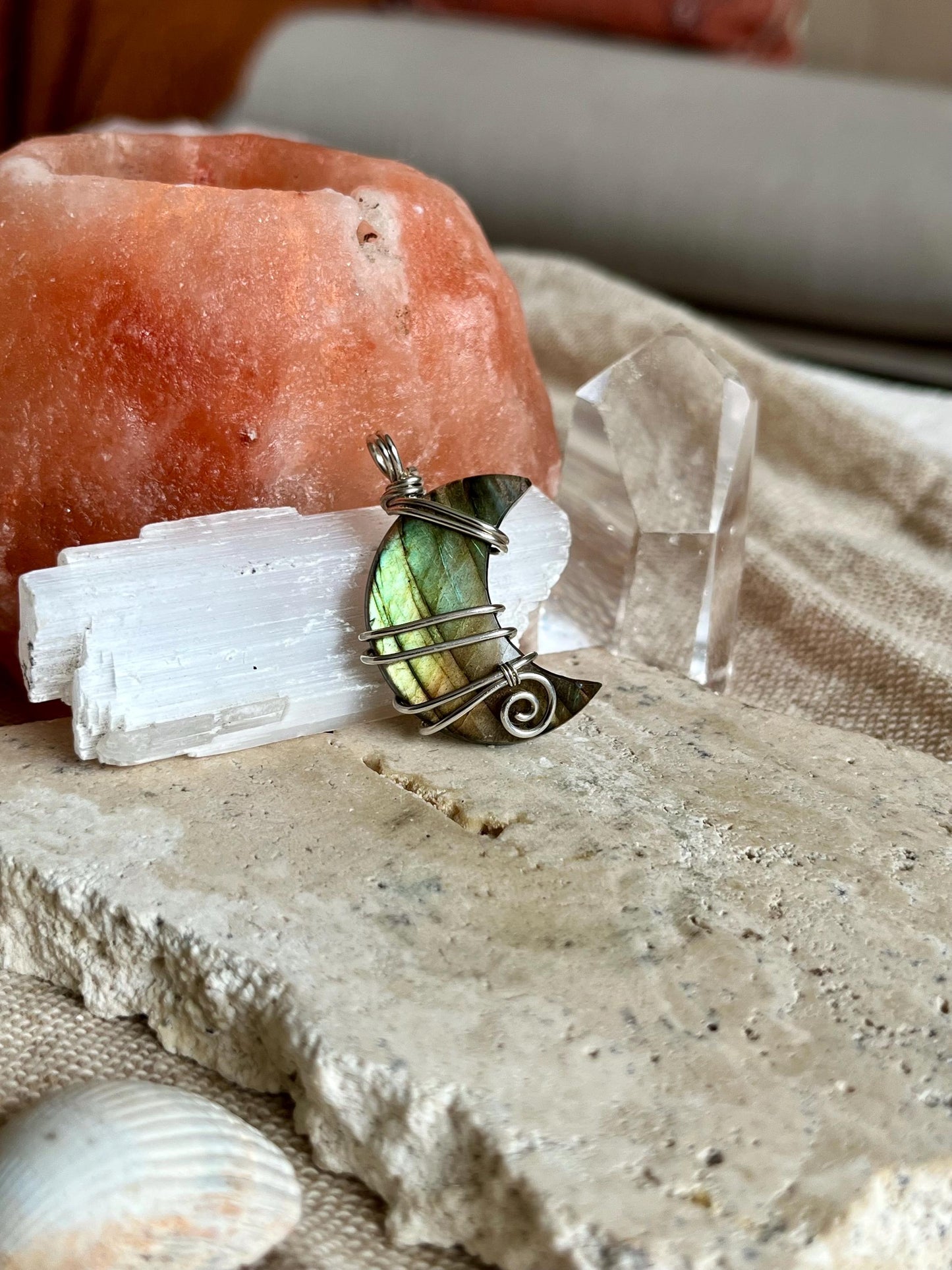 Labradorite crescent moon necklace, Sterling Silver pendant, Witchy gift for her