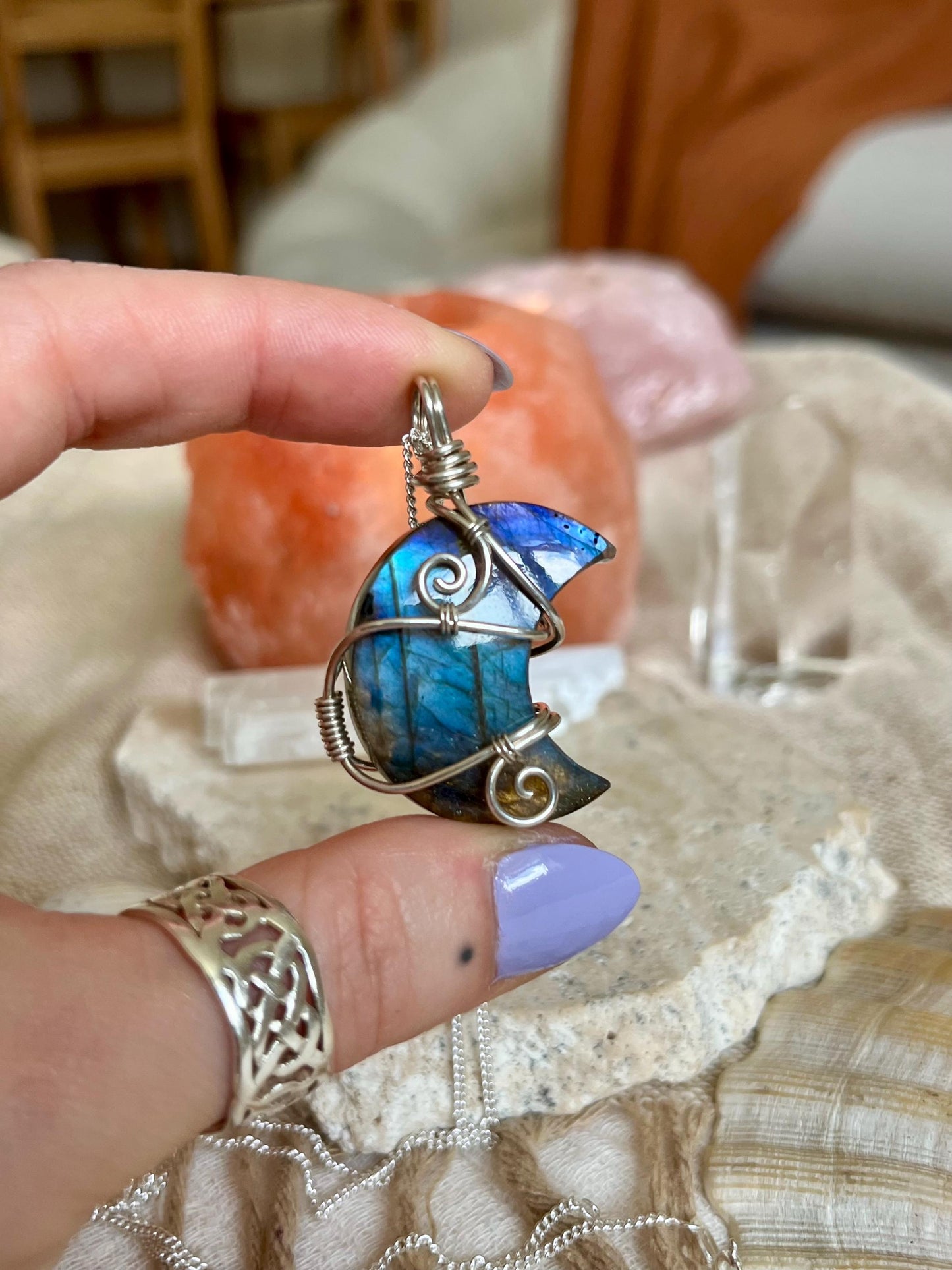 Labradorite crescent moon necklace, Sterling Silver pendant, Witchy gift for her