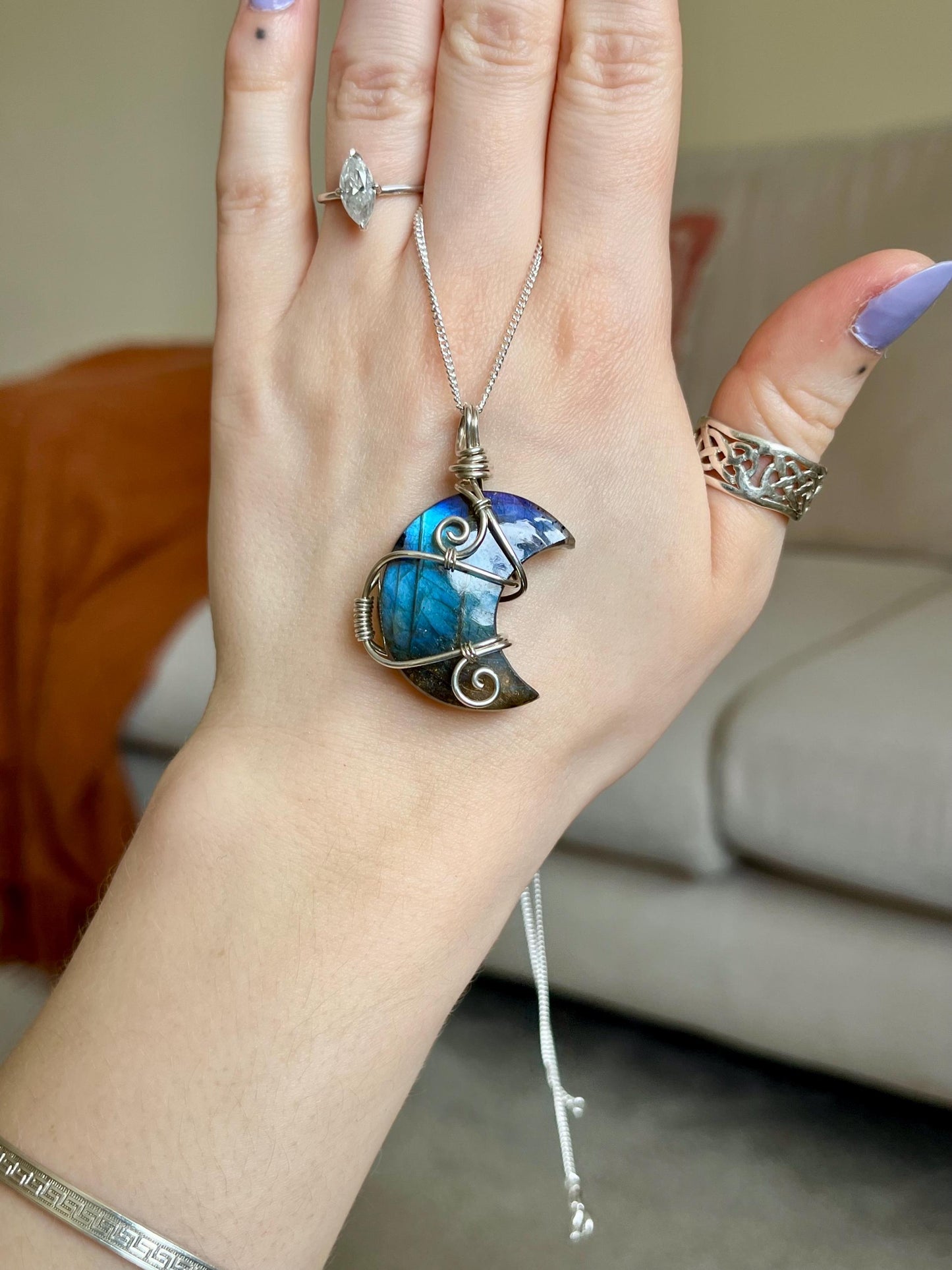 Labradorite crescent moon necklace, Sterling Silver pendant, Witchy gift for her