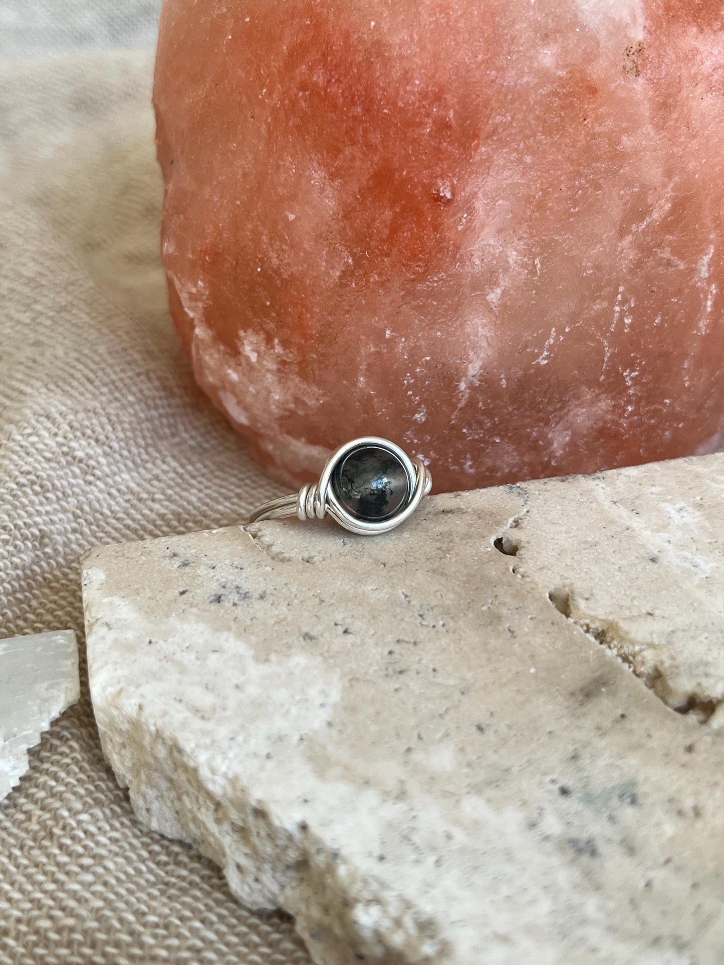 Sterling Silver Moss Agate Ring: Wire Wrapped Boho Style