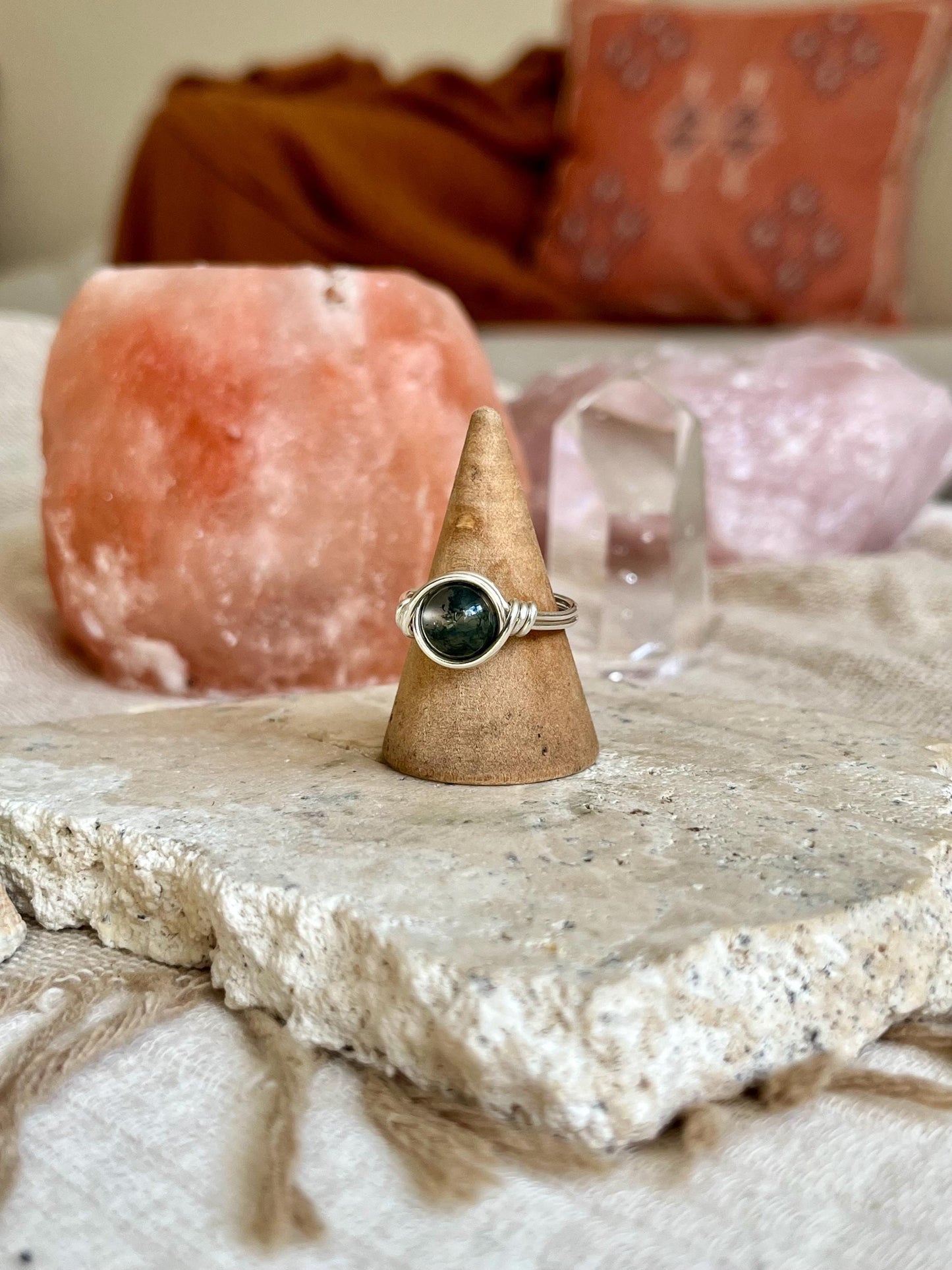 Sterling Silver Moss Agate Ring: Wire Wrapped Boho Style