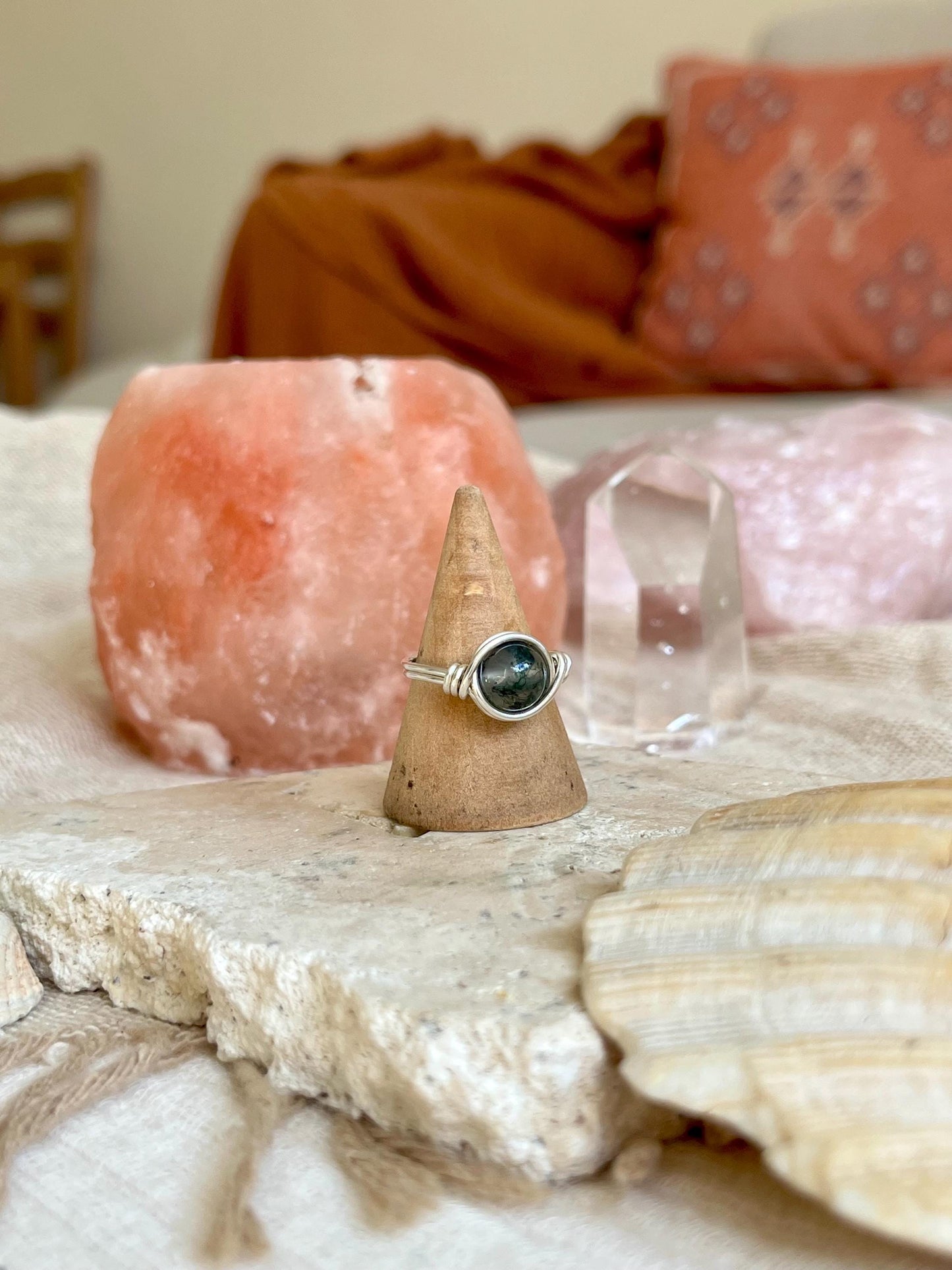 Sterling Silver Moss Agate Ring: Wire Wrapped Boho Style