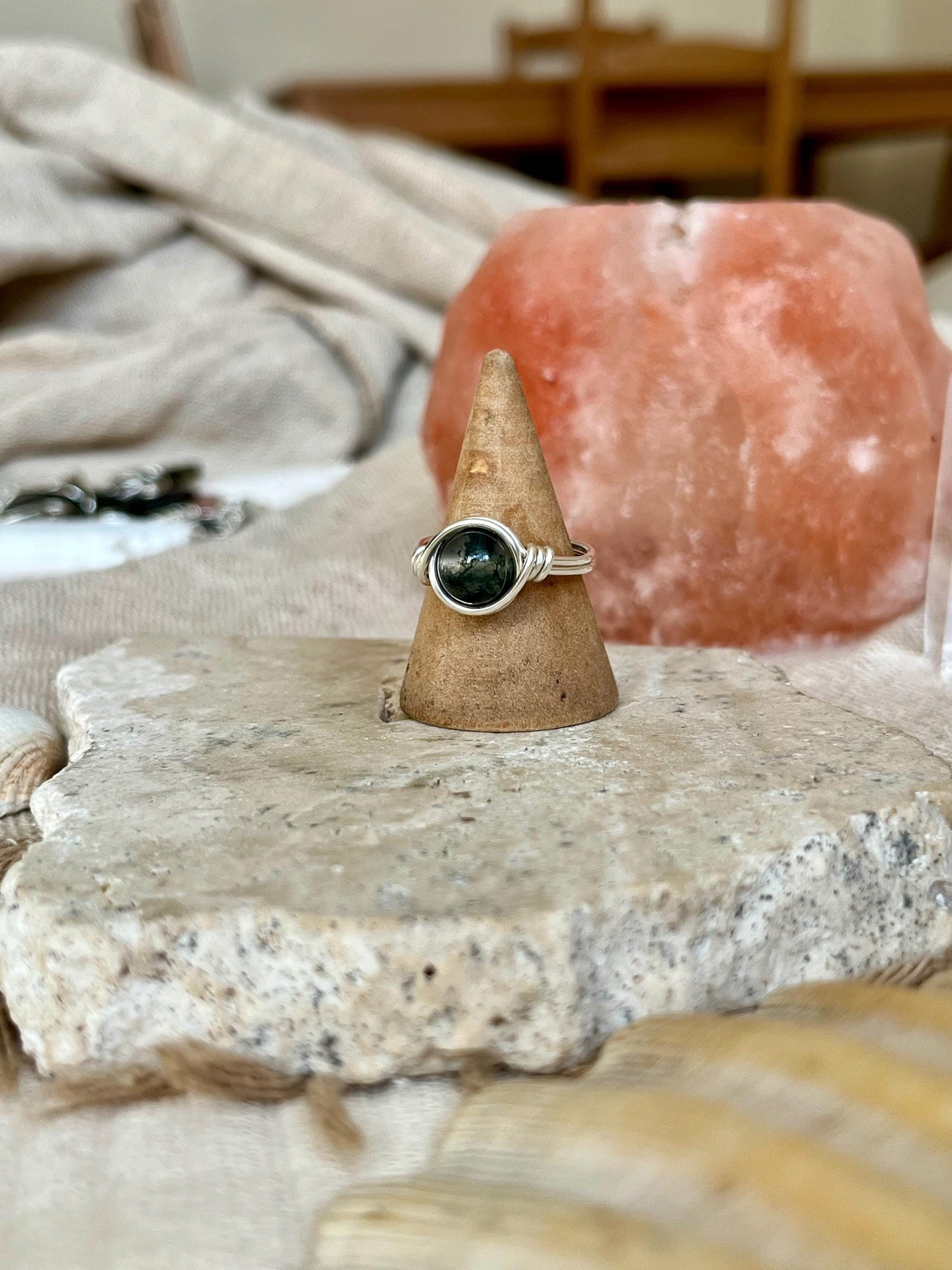 Sterling Silver Moss Agate Ring: Wire Wrapped Boho Style