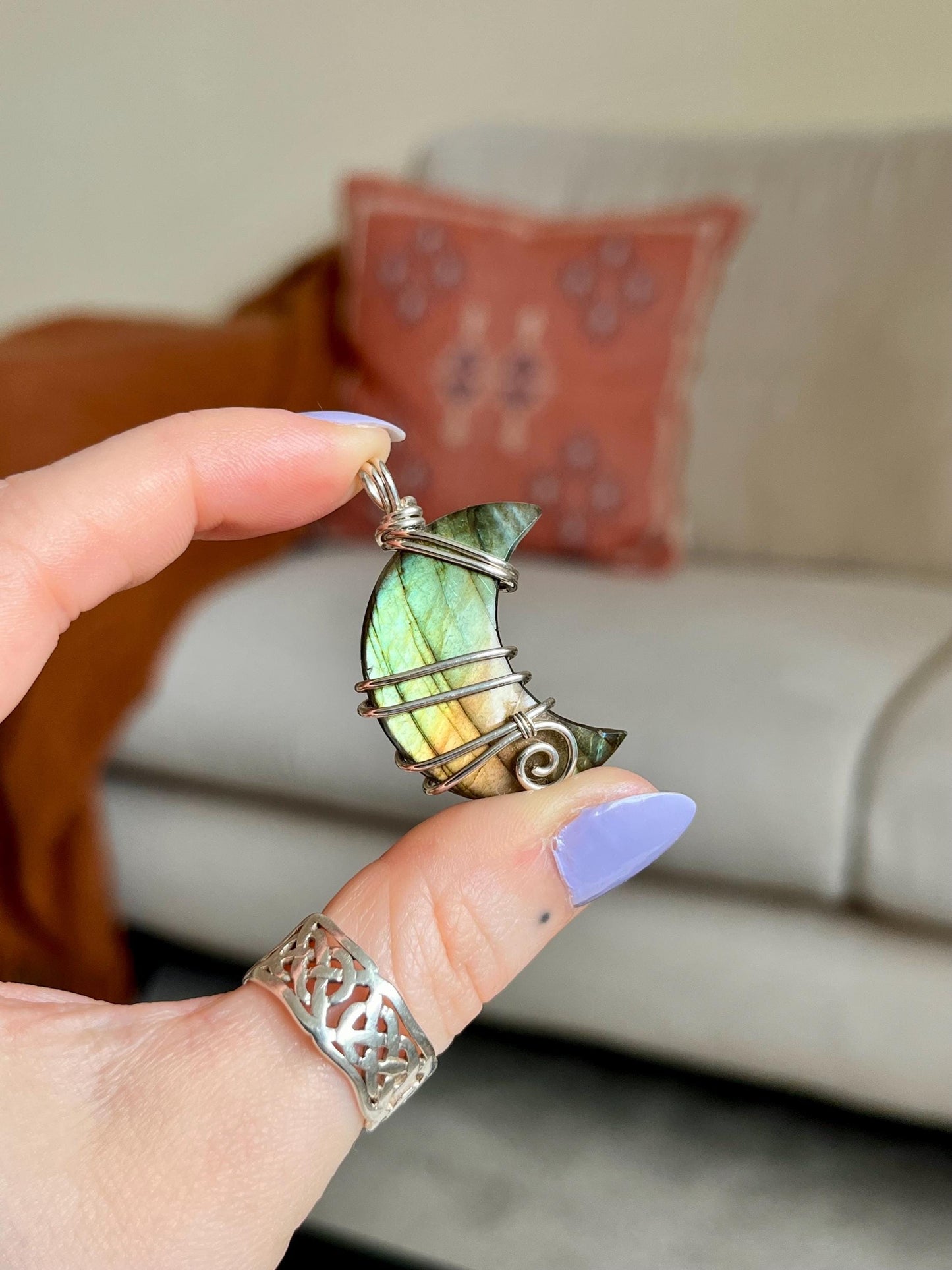 Labradorite crescent moon necklace, Sterling Silver pendant, Witchy gift for her