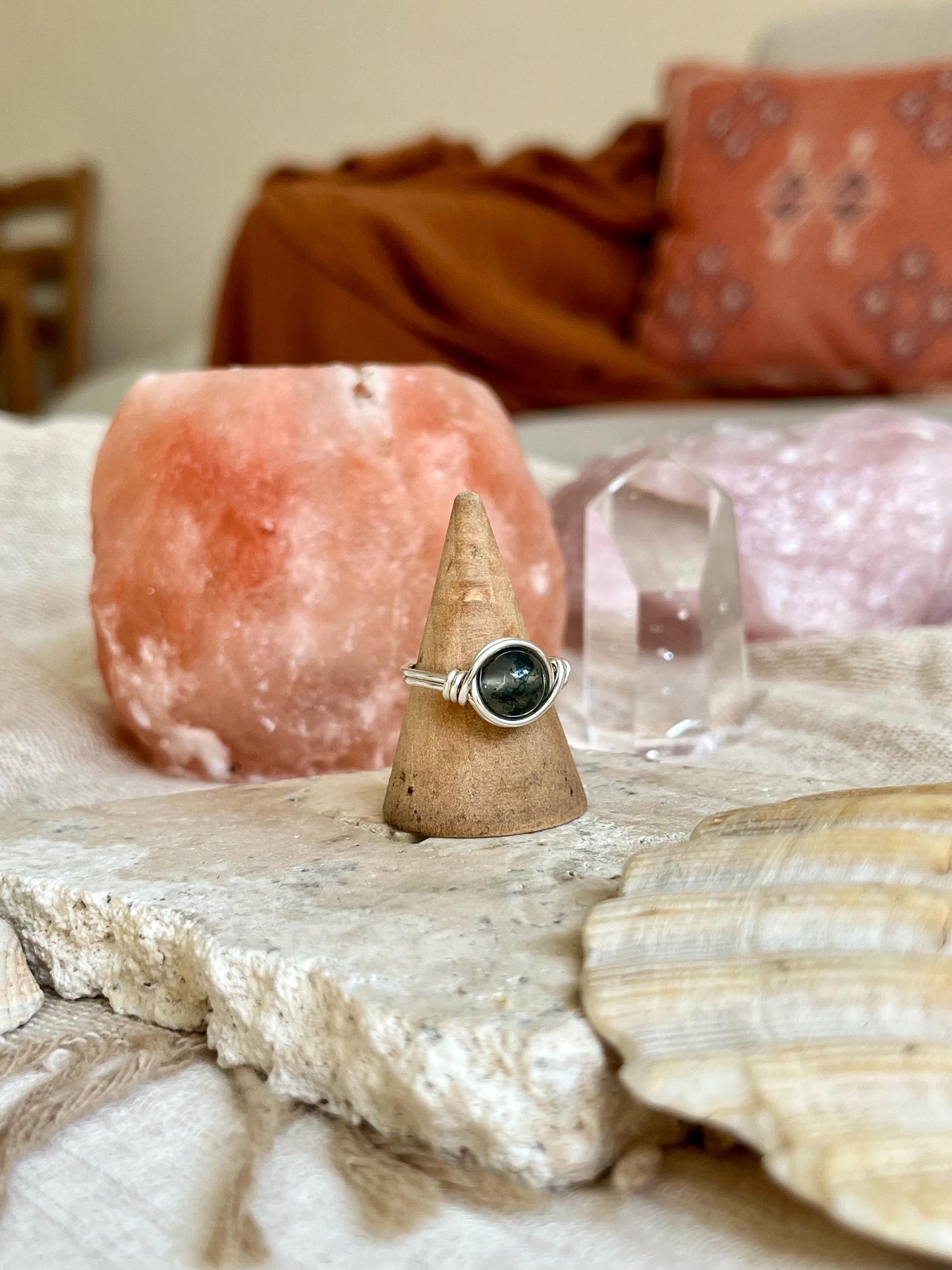 Sterling Silver Moss Agate Ring: Wire Wrapped Boho Style